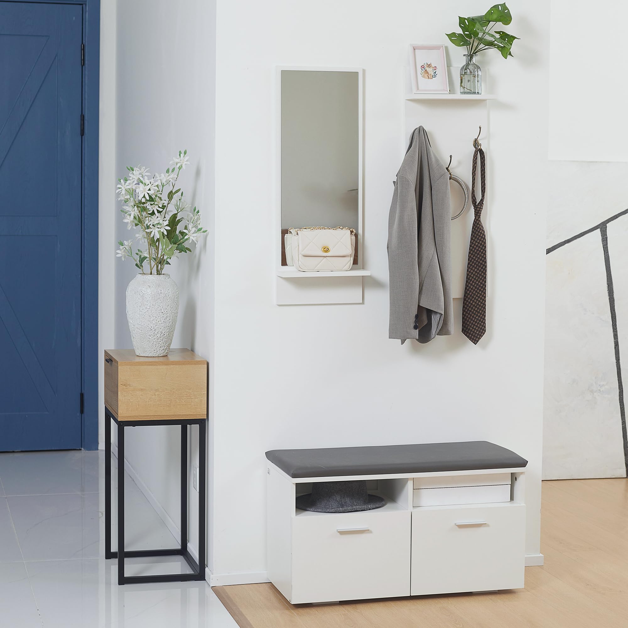 HOMCOM Conjunto de Recibidor con Espejo Perchero y Zapatero Recibidores de Entrada con 3 Ganchos 2 Puertas y Estantes para 8 Pares de Zapatos Blanco