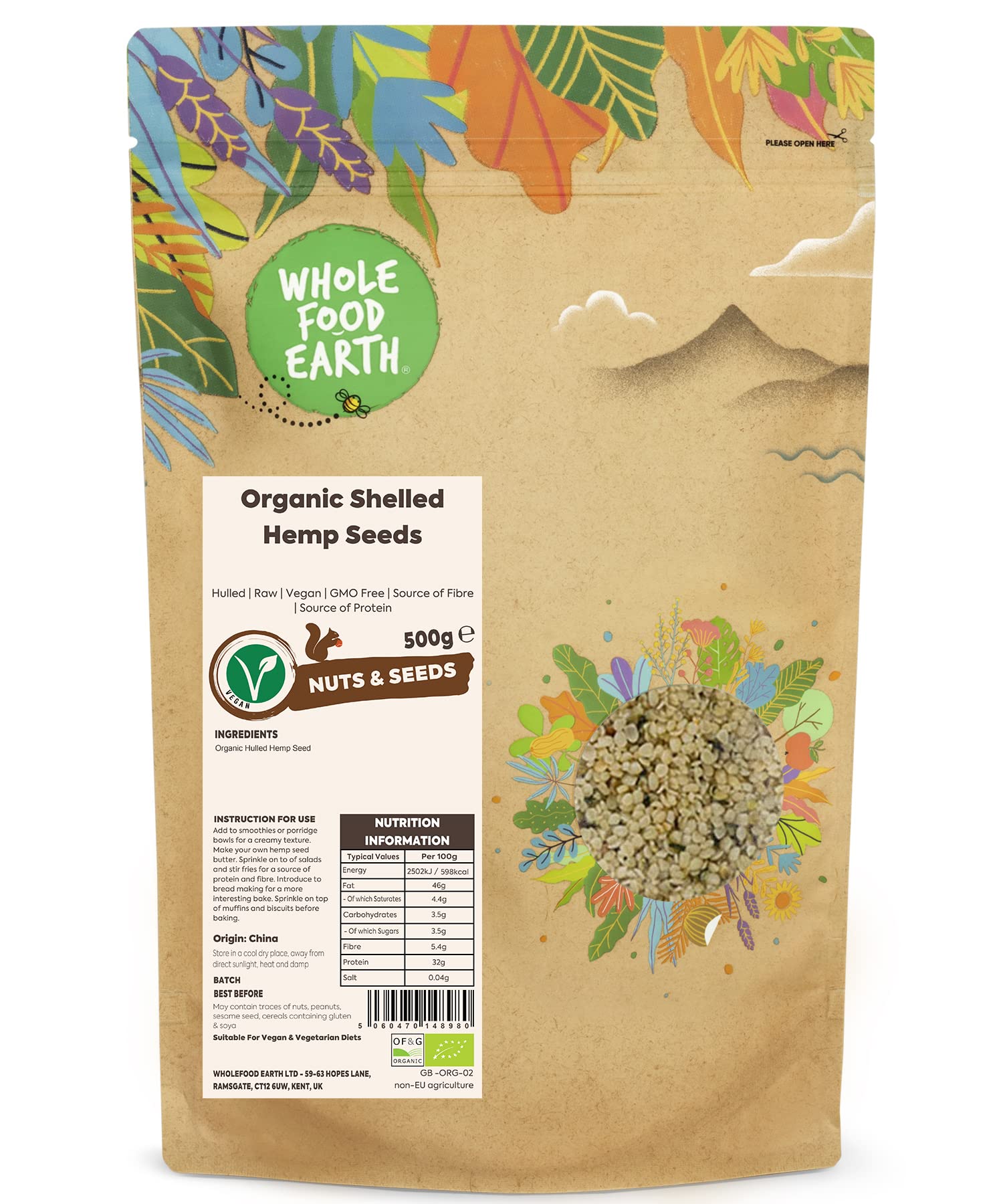 Wholefood Earth Organic Shelled Hemp Seeds – 500g | Hulled | Raw | Vegan | GMO Free | Source of Fibre | Source of Protein | Certified Organic