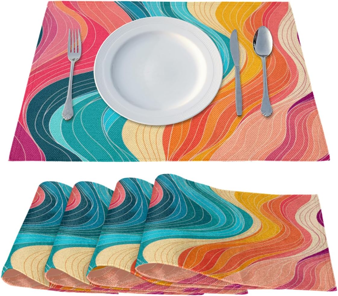 Abstract Colorful Stripes Modern Placemats Set of 6 Decorative Dinner Place Mats Washable Table Mat for Gifts, Holiday, Birthday Party, Wedding & Dining