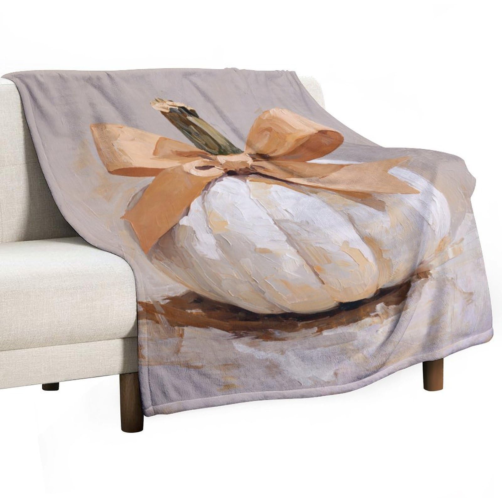 Couverture douce motif citrouille blanche et son nœud en satin, jeté de lit haut de gamme