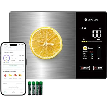 Digital Kitchen Scales with Nutrition Calculation Food Scales with 24 Nutritional Analysis 5 kg Stainless Steel Nutrition Scale TFT Colour Display 50 Offline & Unlimited Calorie Analysis via App Tare Function