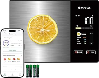 Digitale Küchenwaage mit Nährwertberechnung, Lebensmittelwaage mit 24 Nährwertanalyse, 5kg Edelstahl-Ernährungswaage, TFT Farbdisplay, 50 Offline & unbegrenzte Kalorienanalyse per App, Tara Funktion