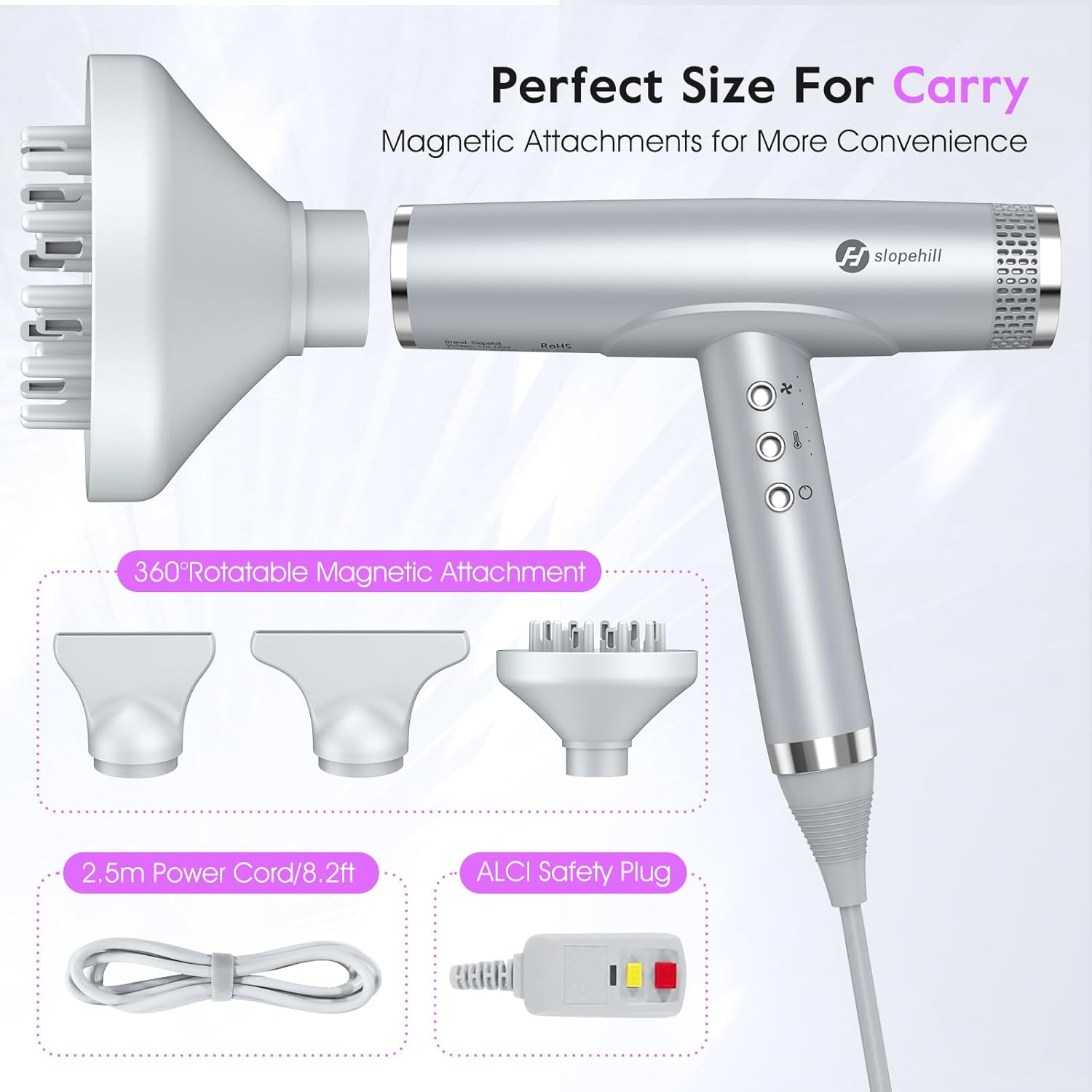 Close-up of the slopehill Hair Dryer showing the 360-degree rotatable magnetic attachment connection.