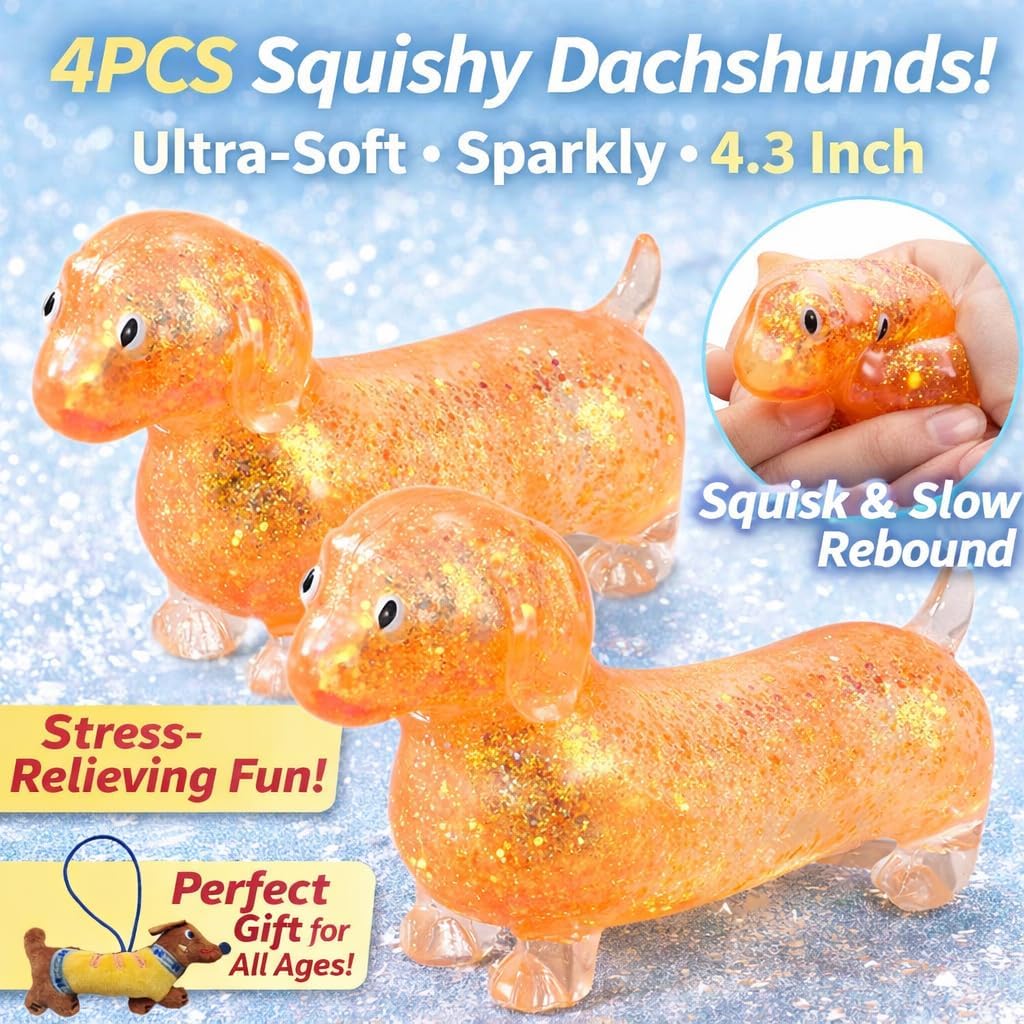 4PCS Dachshund Squishy Stress Toy, 2026 Upgraded Sparkly Sausage Dog Gel Stretch Ball, 4.3in Glitter Weiner Dog Squishy Dachshund, Ultra-Soft Touch Mini Rainbow Weiner Dog (2Purples)