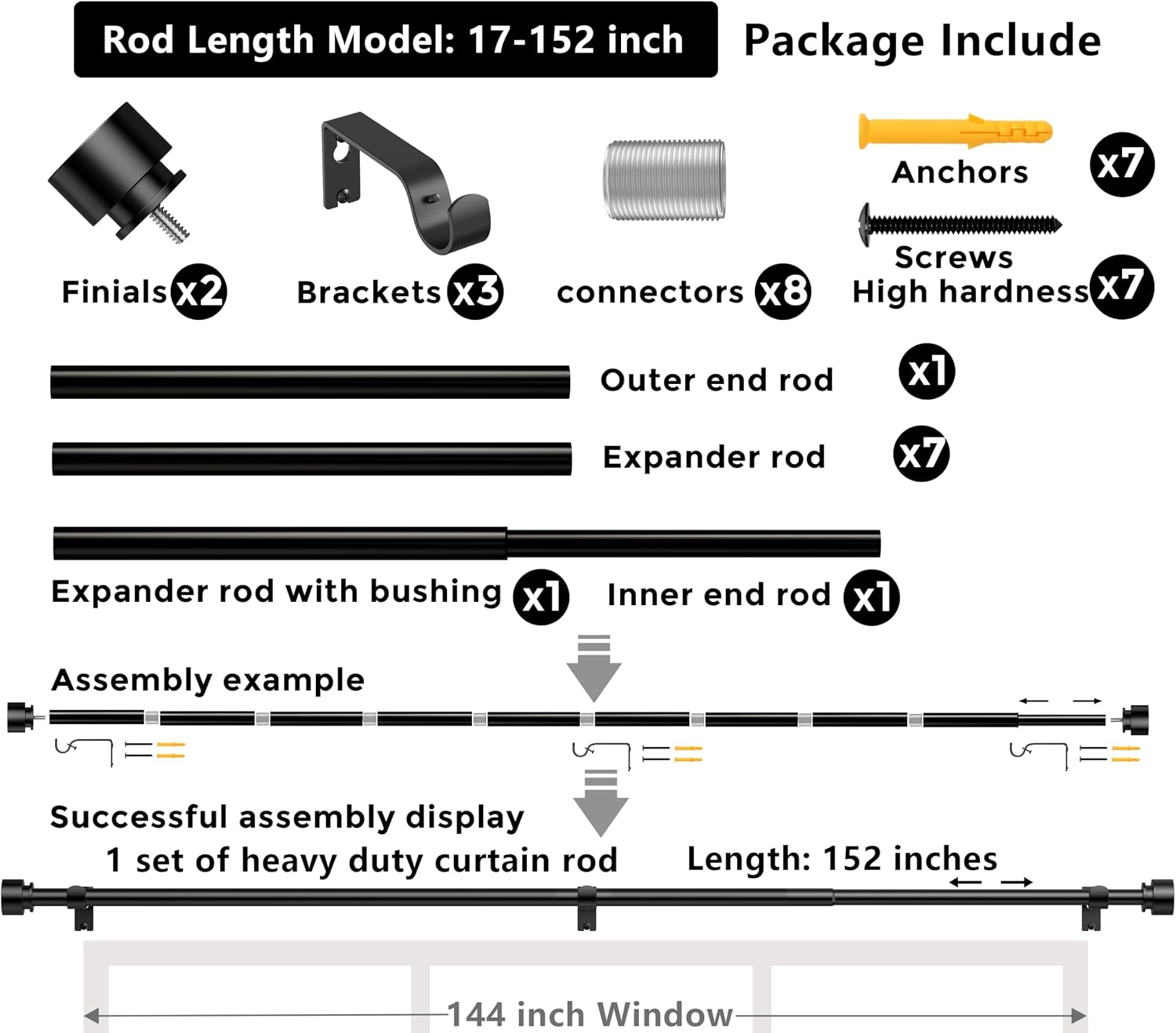 Black Curtain Rod 17 to 152 inch for Window 144 inch, Adjustable Heavy Duty Thick Matte Black Modern Long 12 ft