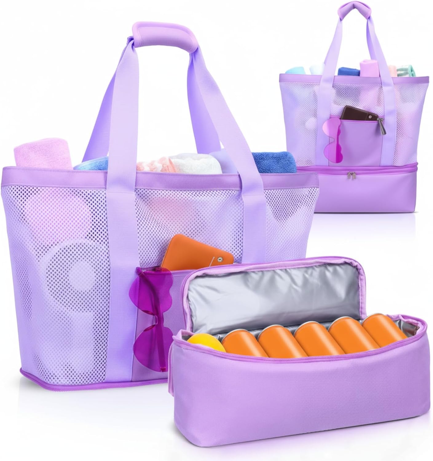 Abbylike Large Mesh Beach Tote Bag with Insulated Cooler and Pocket Detachable Waterproof Sandproof Picnic Swim Pool Bag(Light Purple) - Image 8