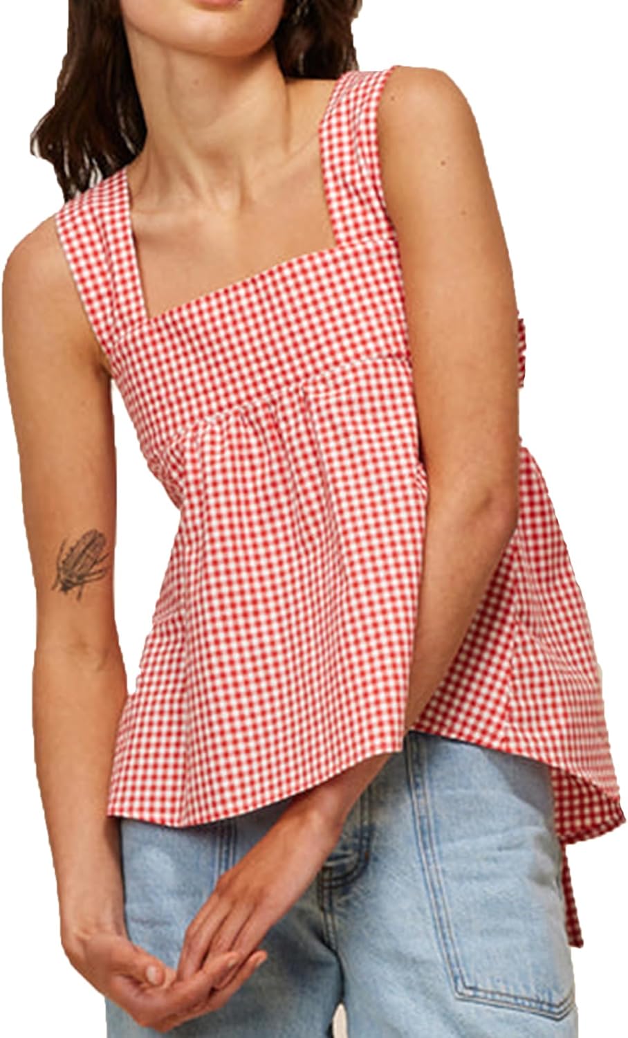 Amiblvowa Women Gingham Peplum Tank Square Neck Babydoll Tops Y2K Cute Bow Tie Back Sleeveless Vest Shirt Going Out Top - Image 2