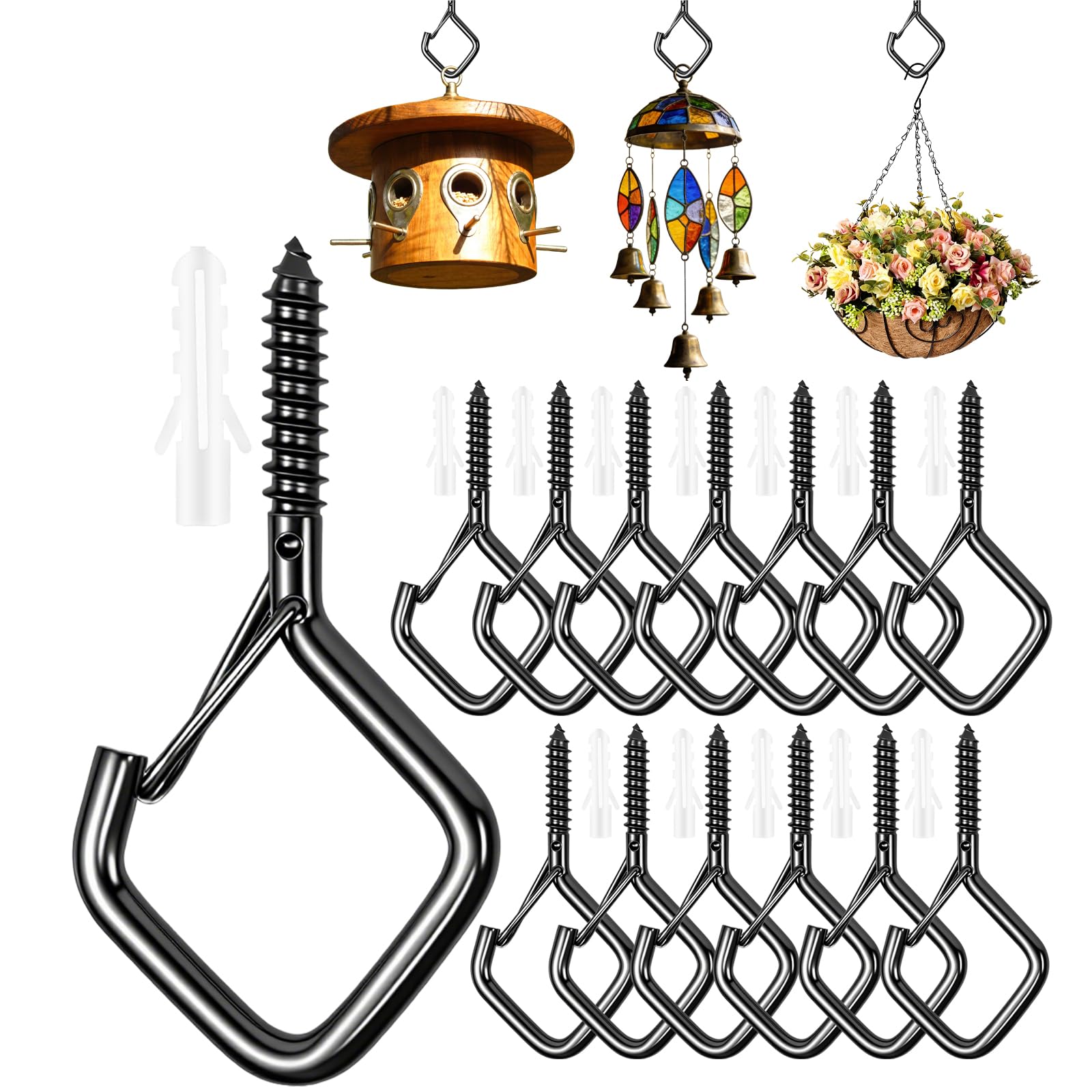 Heavy-Duty Screw-In Hooks with Safety Buckle, 2.16 Inch Metal Ceiling Hooks for Hanging Plants and Outdoor String Lights, Windproof Eye Hooks Screw for Patio, Lights, Bird Feeders (Black, 16 Pcs)