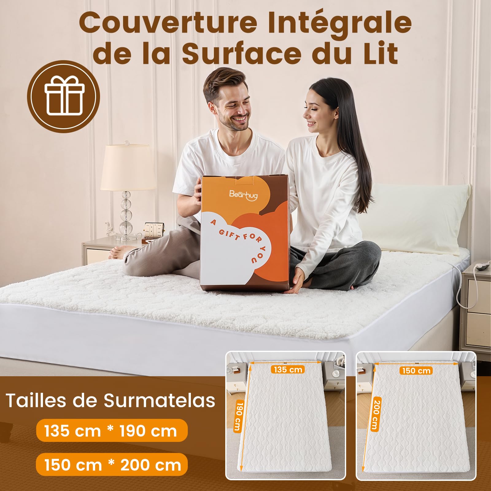Bearhug Heizdecke 2 Personen 150x200cm Sherpa Weiß 200g/m² Ultraweich 45cm Tiefe 2 Zonen, 10 Stufen + Timer 12h CE Sicherheit waschbar