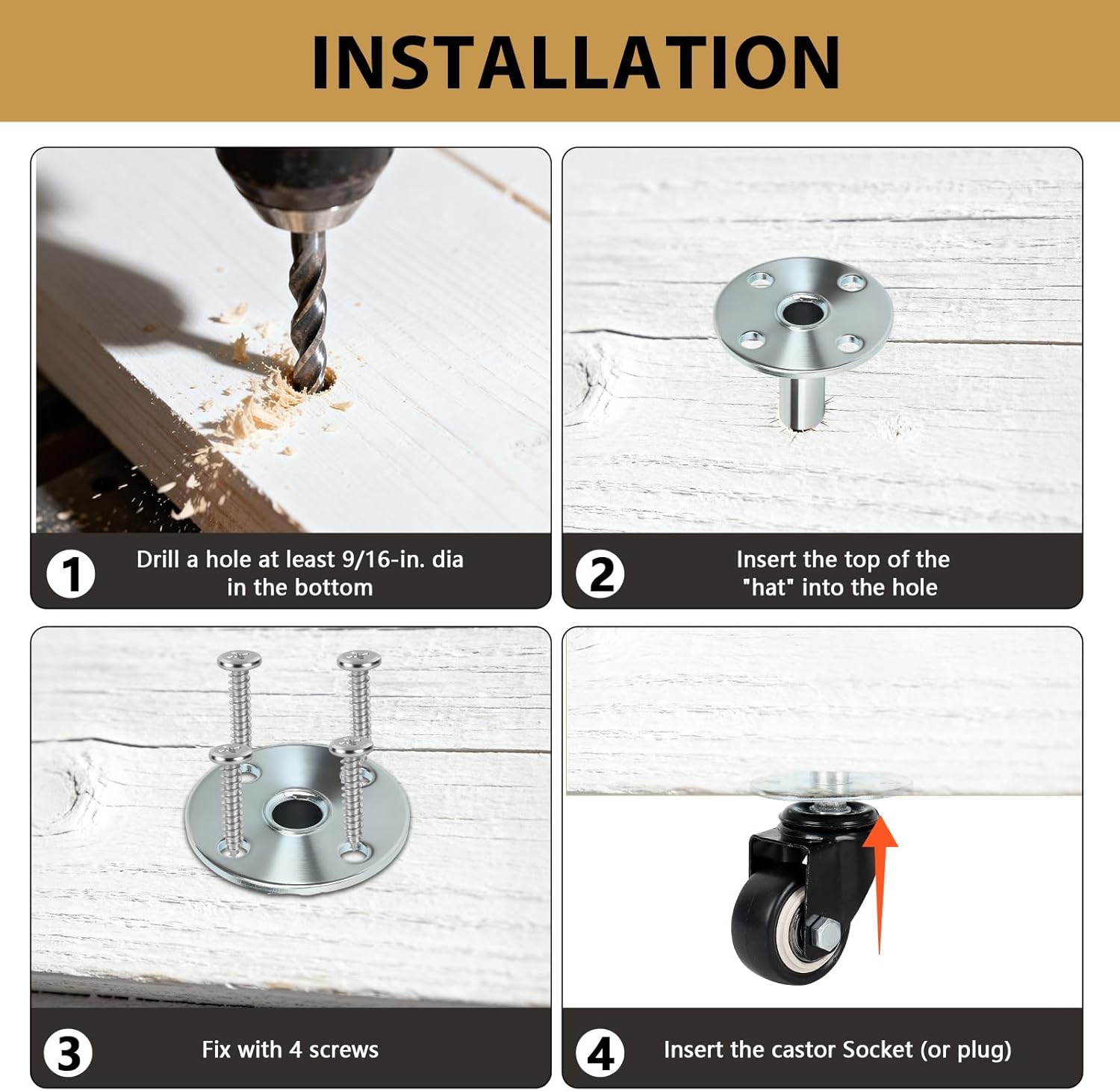 4 Swivel Caster Wheels & 4 Broad Brimmed Socket Plug Caster Set, Heavy-Duty Removable Casters with Bearings & Stem Inserts, Smooth Roll for Furniture, Piano, Equipment