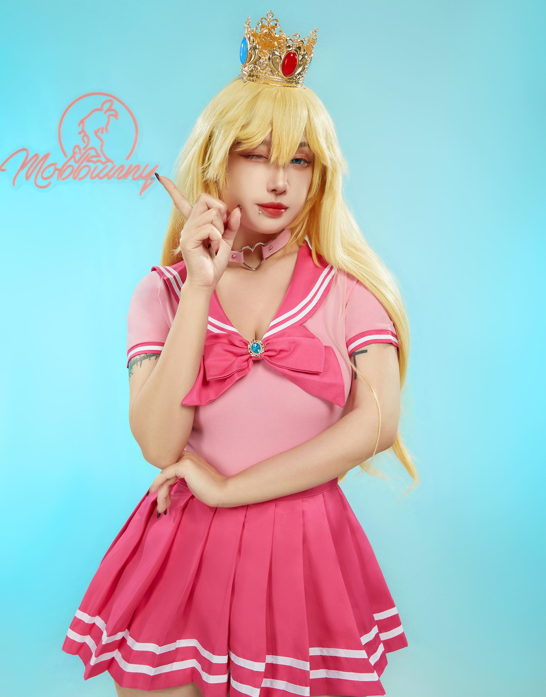 Mobbunny Women Bodysuit Skirt Set With Socks Romper Onesie Button Crotch Daily Halloween Clubwear: Pink X-Large