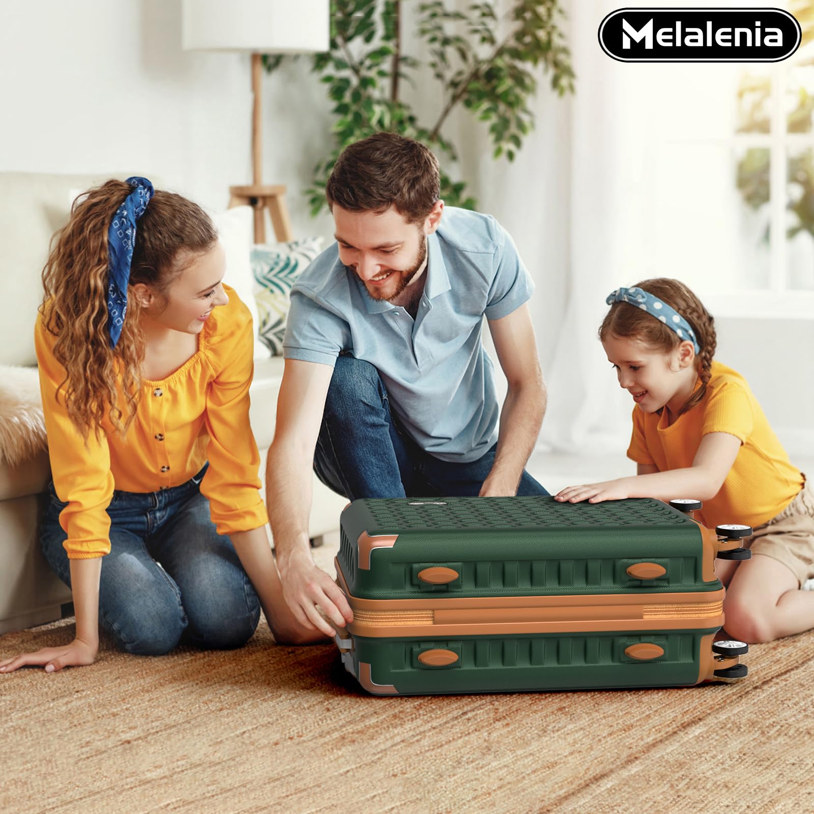 Melalenia Set Valigie 7 pezzi guscio rigido ABS 4 ruote serratura TSA Verde | Borsa viaggio espandibile e borsa bagno inclusi. Annidabili, cerniere YKK, protezioni angolari, ruote doppie 360° silenziose