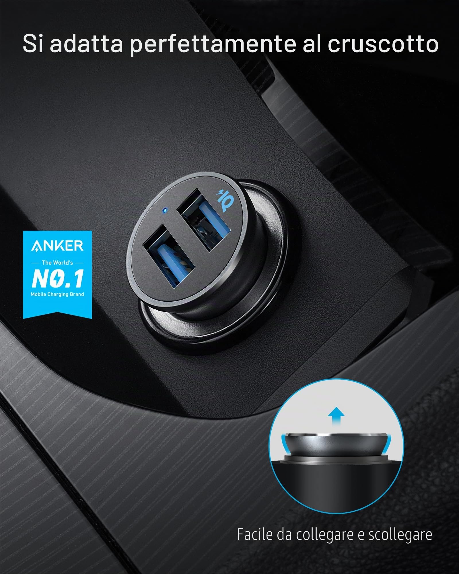 Anker Caricatore Auto Mini 24W 4.8 A Doppia USB Metallo, Adattatore Auto PowerDrive 2 Alloy Flush Fit LED Blu, per iPhone 17/16/15, iPad Pro/Air 2/Mini, Samsung Galaxy, Huawei, Xiaomi