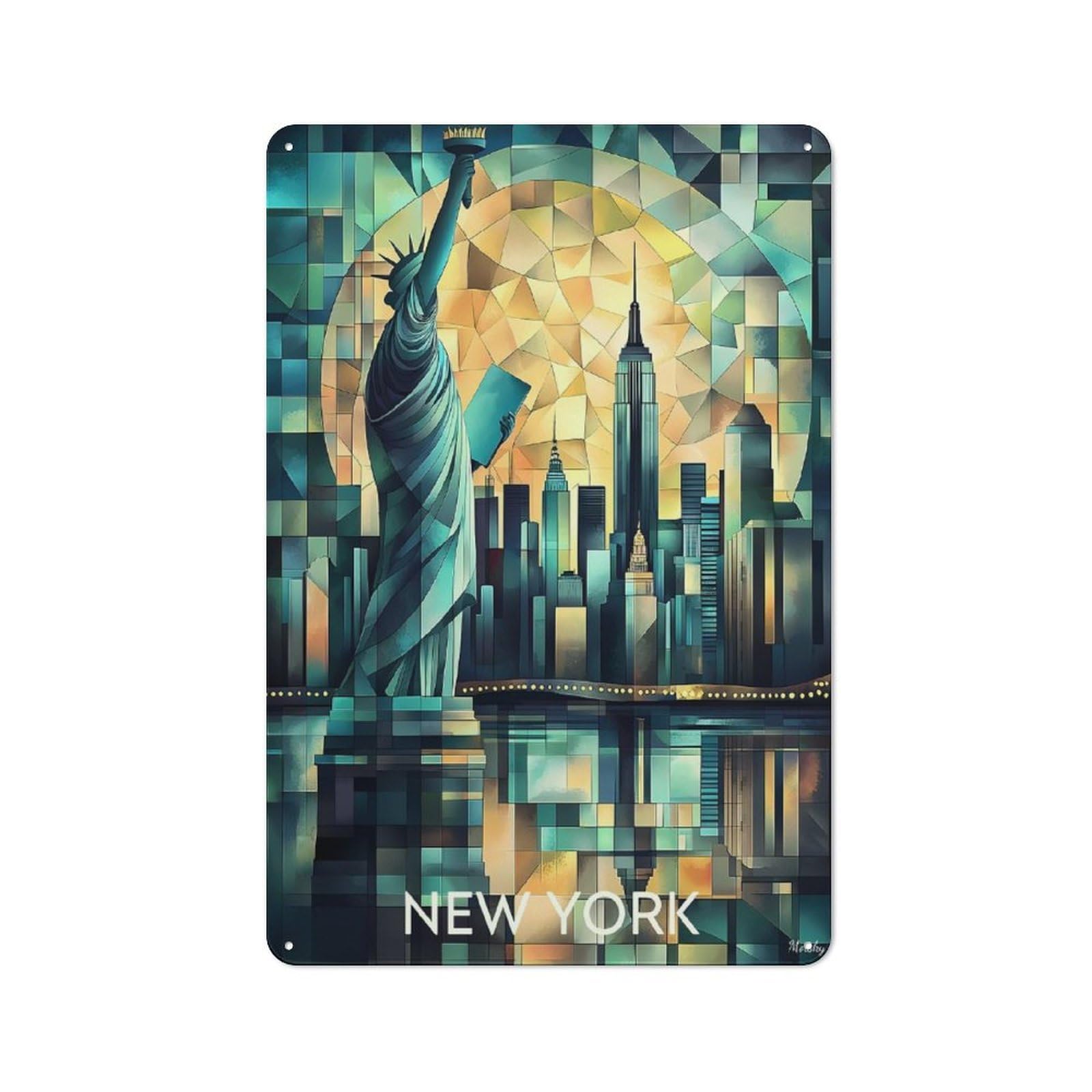 Junmoney Cubist New York Skyline With Statue Of Libert Retro Metal Wall Sign 30X20cm With Y For Hallway Wall, Gift For Wall Display Collectors During The Christmas Season