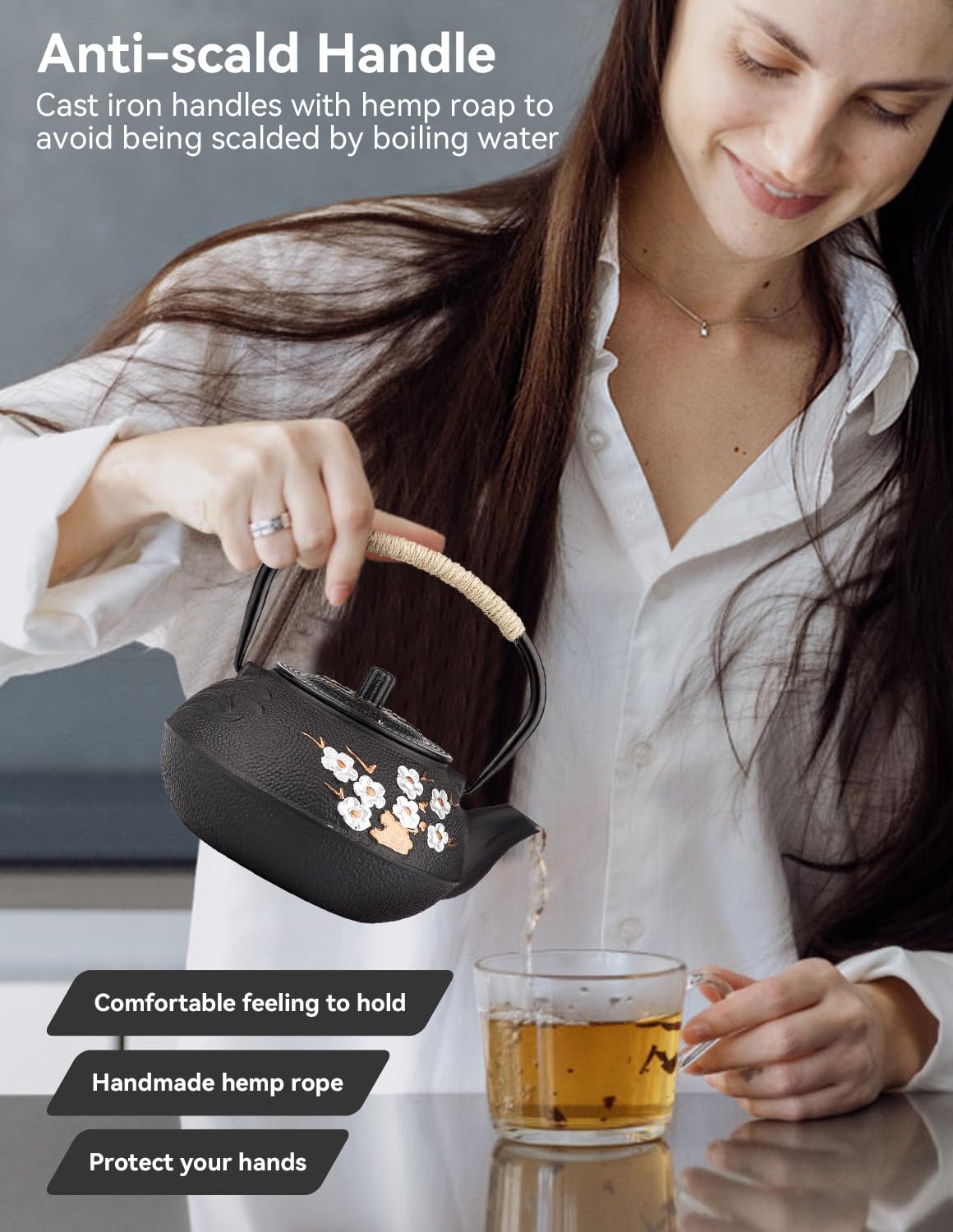 Tetera japonesa de hierro fundido con infusor, tetera de hierro fundido con flor de ciruelo para estufa, revestimiento seguro con interior esmaltado, 27 onzas/800 ml