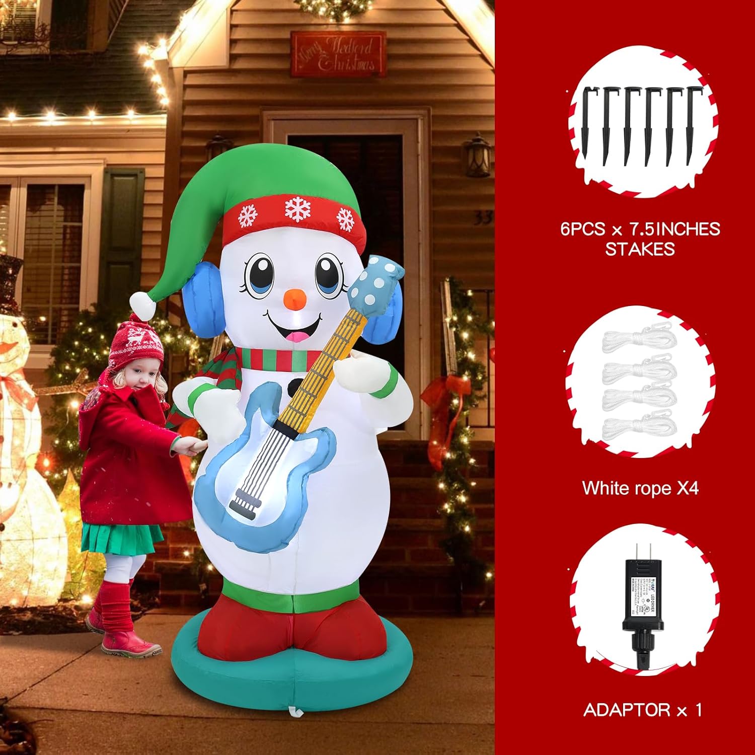 6ft Christmas Inflatable Outdoor Decorations, Snowman Playing Guitar Inflatable Patio Decorations with LED Lights for Indoor Outdoor Patio Garden Christmas Decorations - Image 4