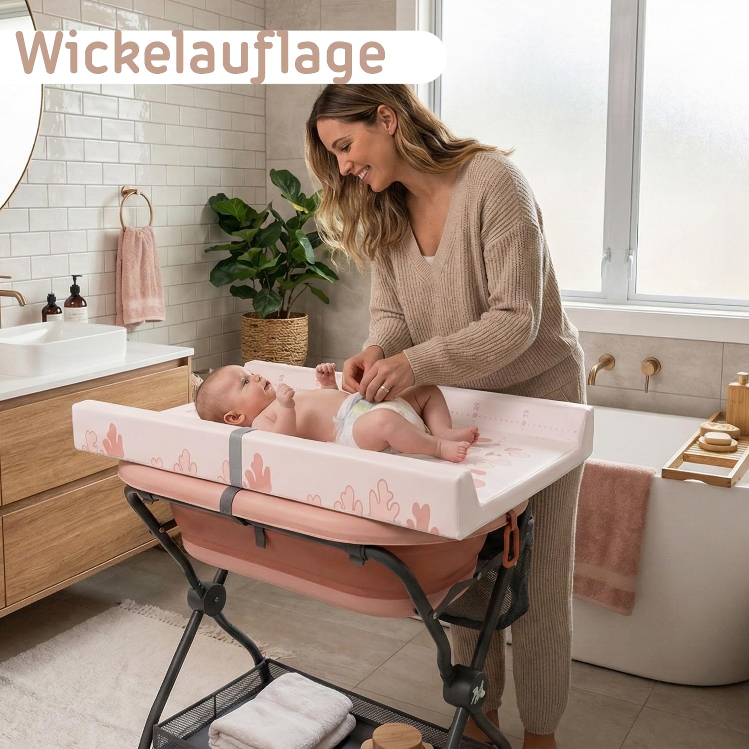 Twinly Bubbly – Faltbare 2-in-1-Baby-Badewanne – Ergonomisch verstellbare Höhe, abnehmbare Badewanne für Strand und Reisen, stabiler Stand mit Ablauf, ideal für kleine Badezimmer (Rosa)
