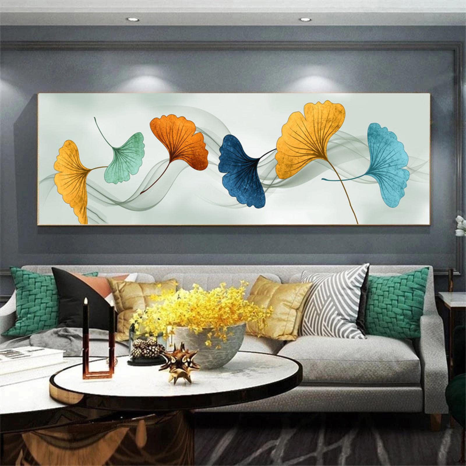 Peinture Toile Ruban Or Ginkgo 80x240cm pour Décor Salon
