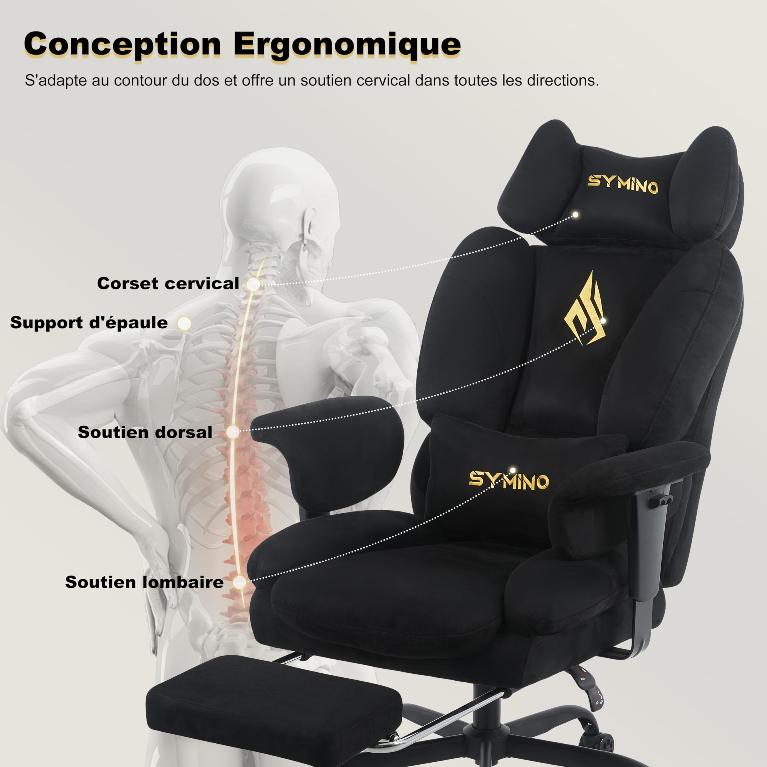 Symino Chaise Gaming Ergonomique Fauteuil avec Repose-Pieds - Siège en Imitation Daim Noir - Réglable Hauteur et Accoudoirs - Capacité 130kg