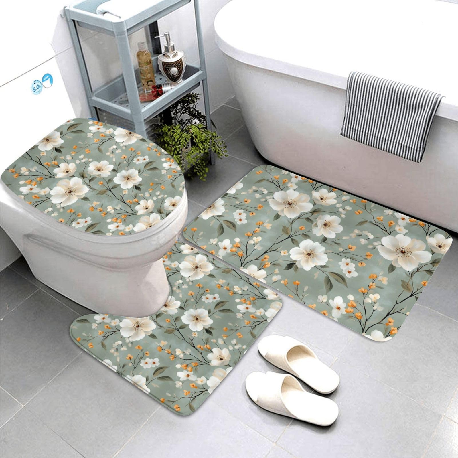 Lot de 3 tapis de salle de bain motif floral avec contour WC en U