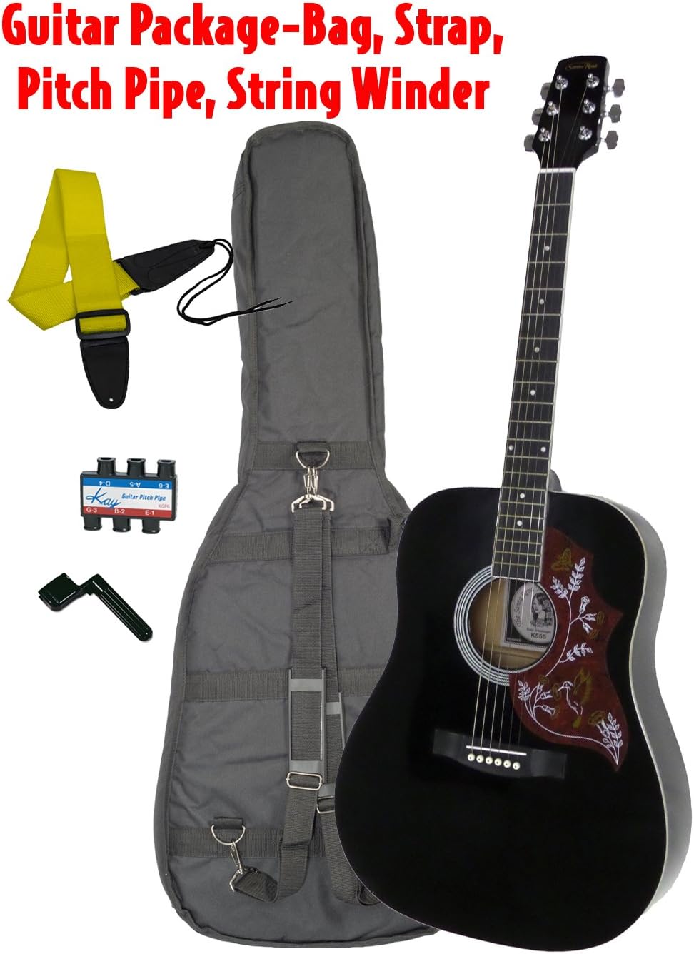 6 String K555H-B Dreadnought Limited Edition All Black Hum-a-Bird Pickguard-Guitar Package, Right Handed