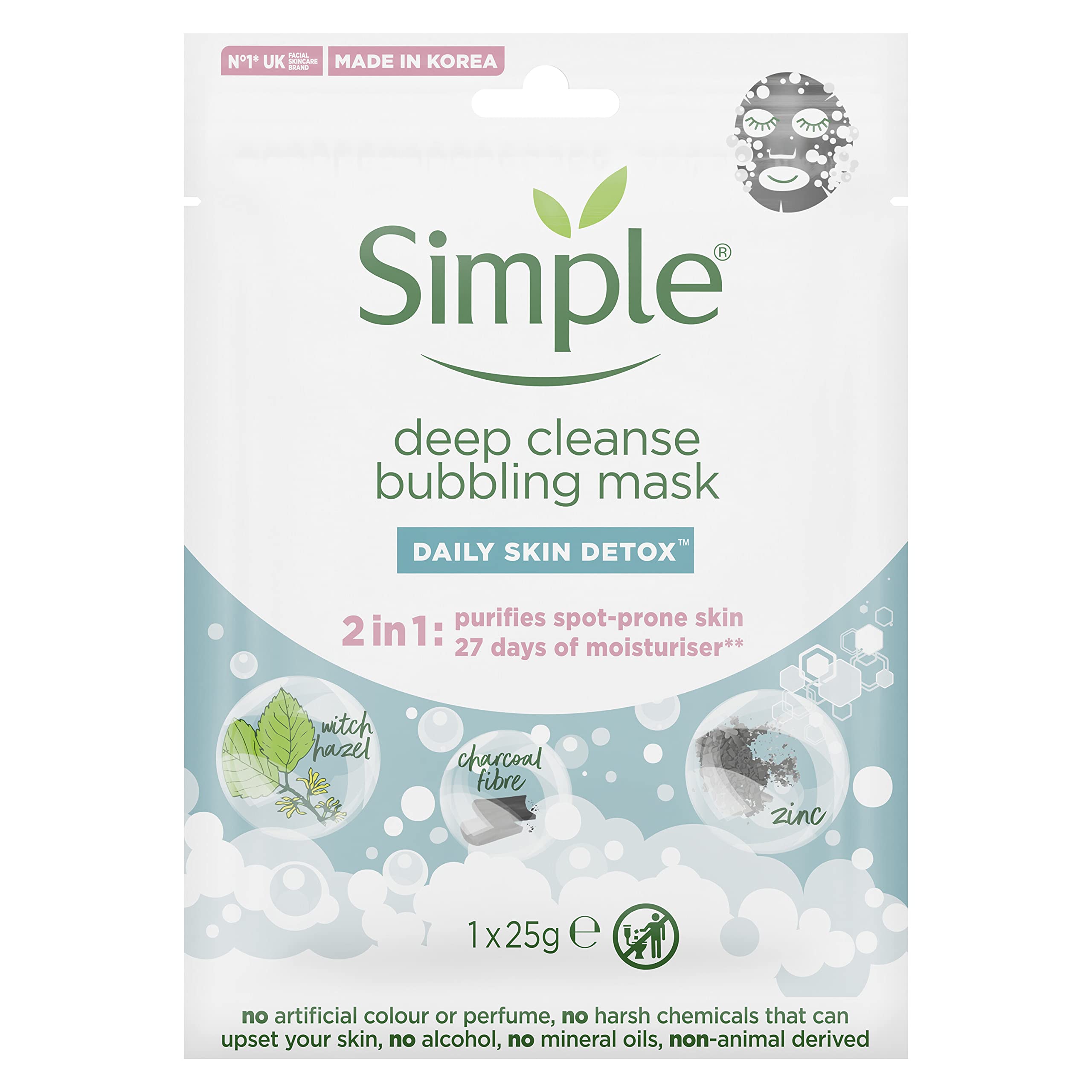Simple Daily Skin Detox Bubbling Deep Cleanse Sheet Mask cruelty-free and vegan for clean and moisturised sensitive skin 1 pc