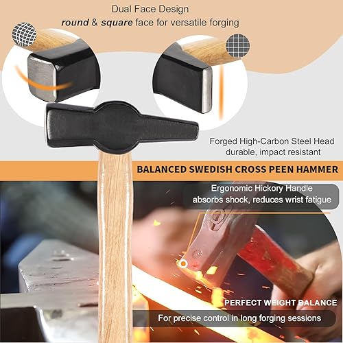 Miniatura 3 de Kit de herramientas de forja de herrero, martillo sueco de 14 pulgadas y pinzas de mandril de mandril de 12 pulgadas, kit de herramientas de forja