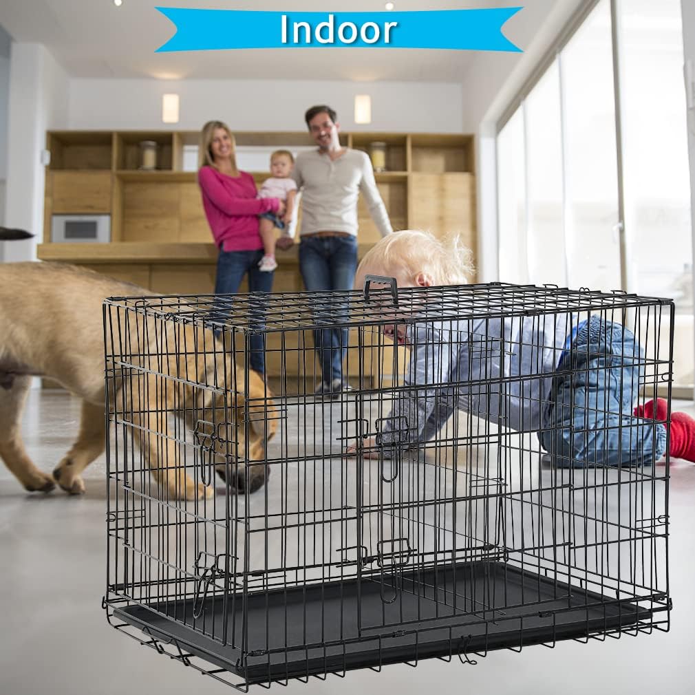 Dog Crate for Large Medium Small Dogs, Folding Dog Kennel Cage with Plastic Tray & Divider 48"/42"/ 36"/ 30"/ 24" Indoor Outdoor Metal Double Door Heavy Duty Dog Pen Enclosure, Black(24 Inch)