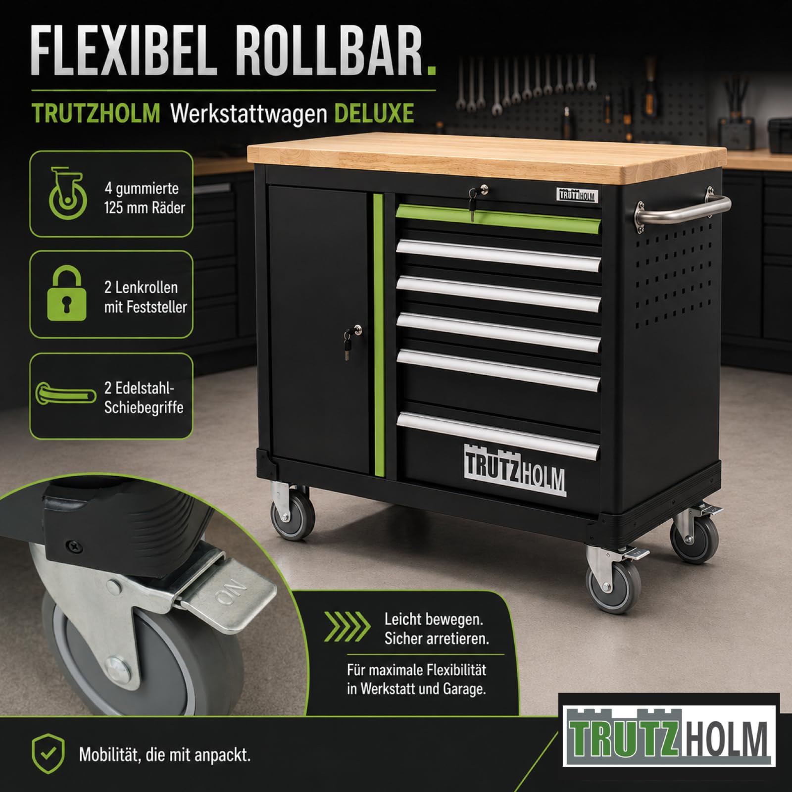 TRUTZHOLM Werkzeugwagen leer Deluxe, Werkstattwagen mit 6 Schubladen & Türfach, abschließbarer Werkzeugschrank rollbar mit Massivholz-Arbeitsplatte, fahrbare Werkbank 108 x 46,5 x 77 cm, grün/schwarz