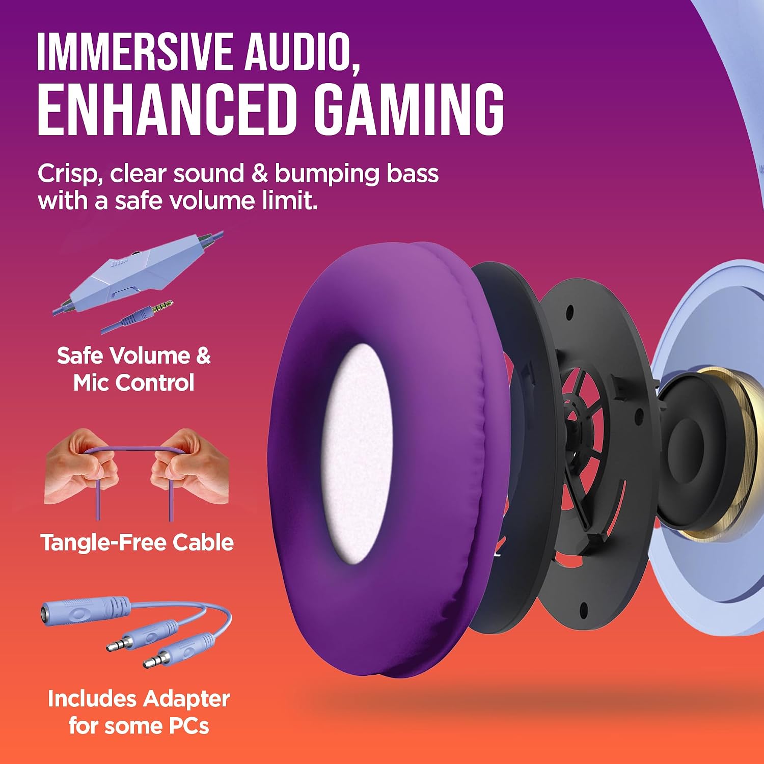 HyperGear Kombat Kitty Headphones for Kids Headphones with Cord Cute Cat Ear Kid Wired (Purple) Gaming Headset for Girls w/Mic Toddler Corded Headphone for Kids for School, Home, Streaming, Recording
