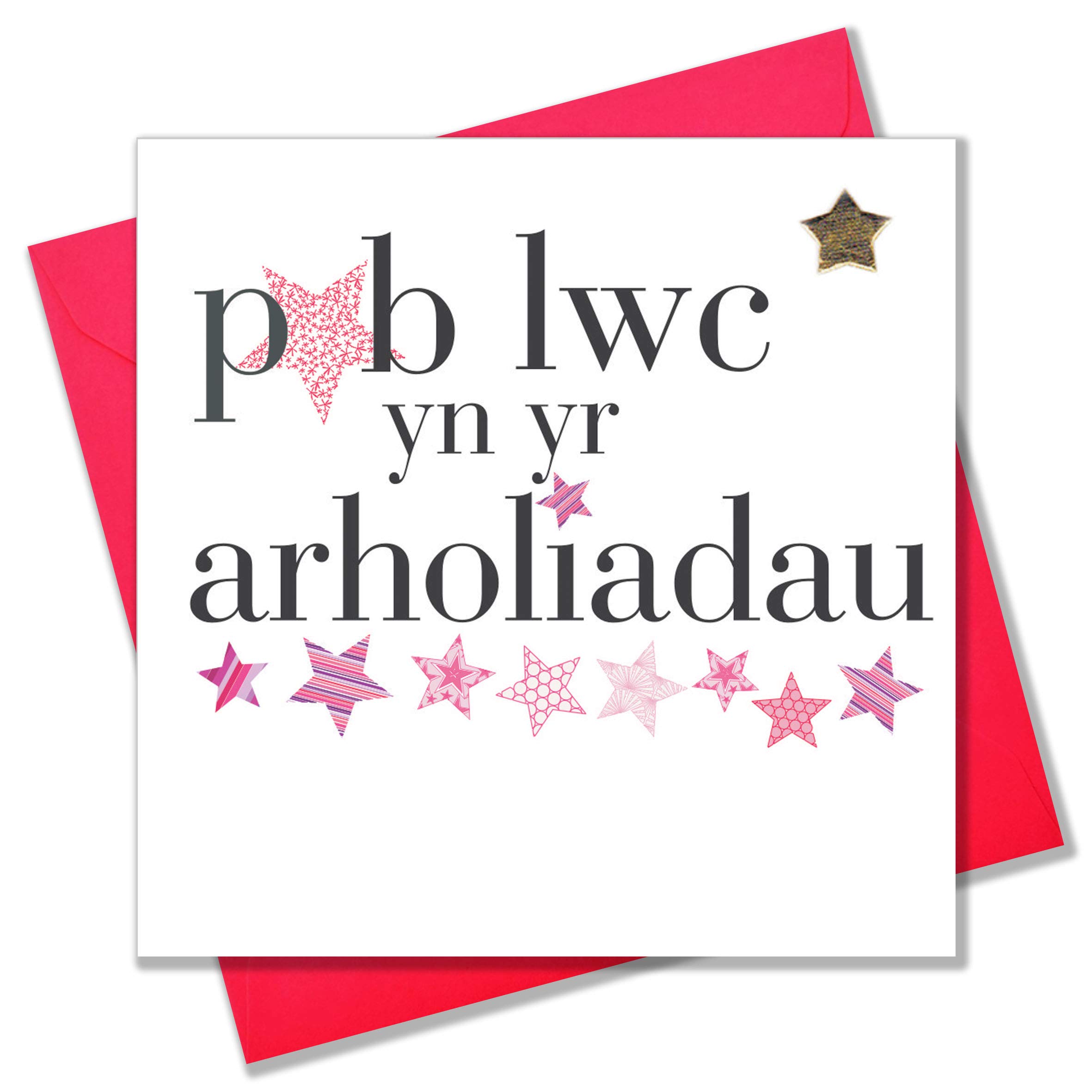 Biglietto D'Auguri Gallese 'Pob Lwc' Con Cuori E Stelle – Interno Bianco, Stella Argentata, Busta Blu, Welsh Good Luck Card - 4