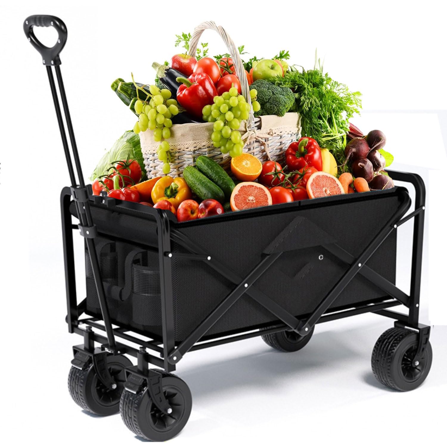 Carrello Pieghevole con Ruote Rimovibili Carrello Pieghevole Trasporto con Maniglia Telescopica Carrello da Giardino Pieghevole con Tasche Laterali Carrello da Spiaggia per Tutti i Terreni