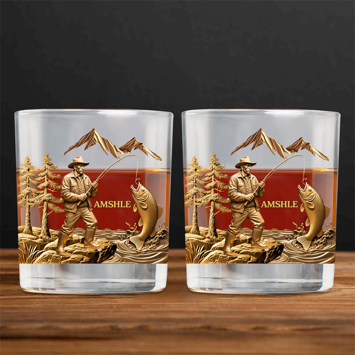 Personalized Fishing Whiskey Glass with Name Custom Fisherman Name Whisky Glass 3D Effect Bass Fish Drinking Glasses Fisherman Gift for Men Dad Grandpa Brother Father's Day Birthday Christmas,01