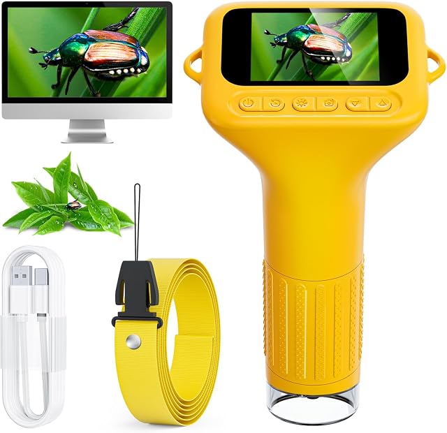 SKYBASIC Digital Microscope for Kids, 2" Screen 1000X Handheld Microscope HD Pocket Portable Microscopes Camera, Science Edu Fun Birthday Gifts Toys for Ages 4-12 Children Students Boys Girls -Yellow