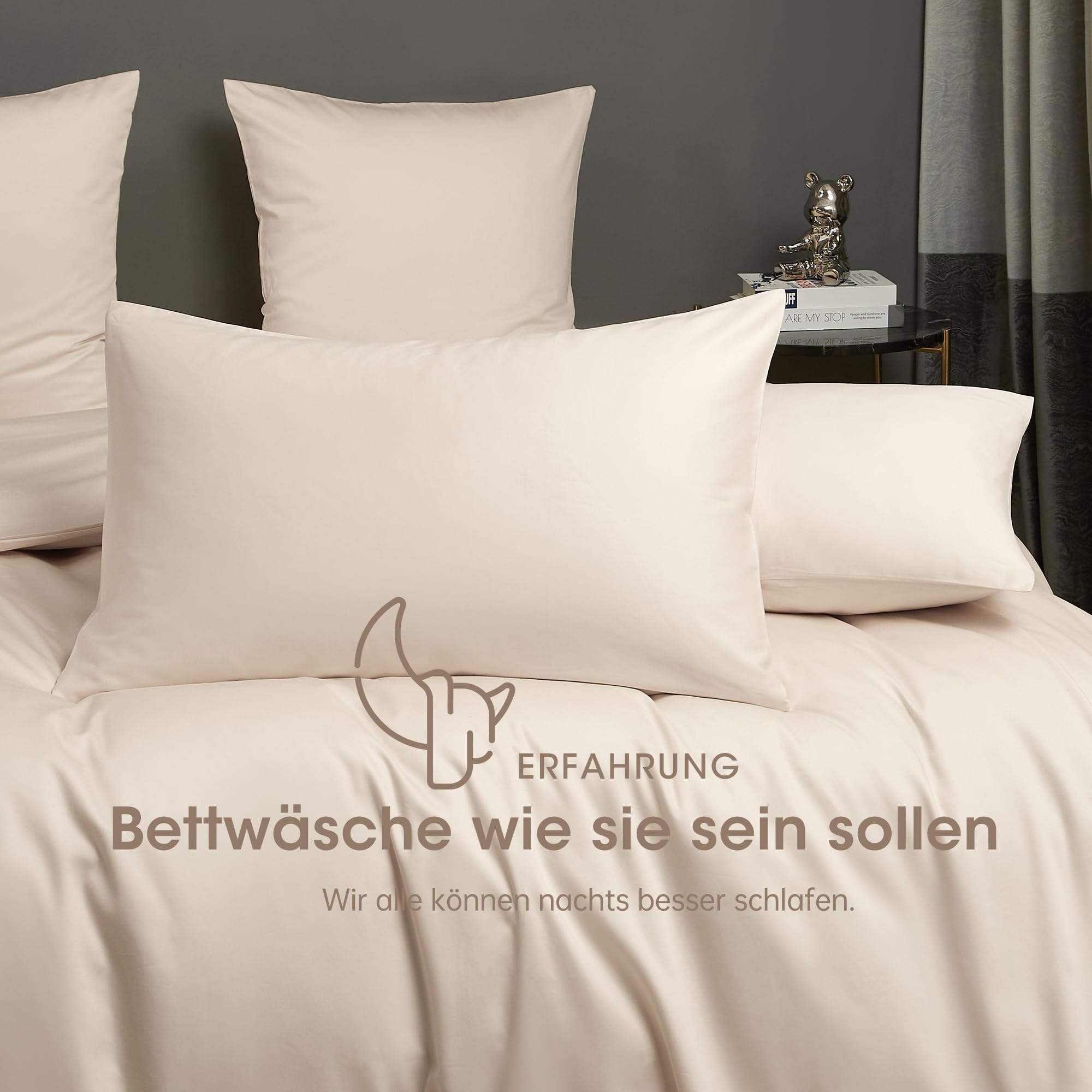 Luofanfei Kühlend Mako Satin Bettwäsche 200x200 Baumwolle Sommer Beige Glatt Muster Atmungsaktiv Bettwäscheset Weich und Bügelfrei Uni Bettbezug und 2 Kissenbezüge 80x80 cm