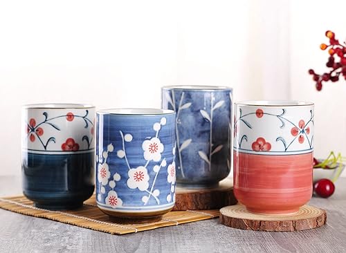 Miniatura 6 de WHJY Juego de 2 tazas de té de cerámica de transición de estilo chinojaponés de 10 onzas, patrón de flora roja