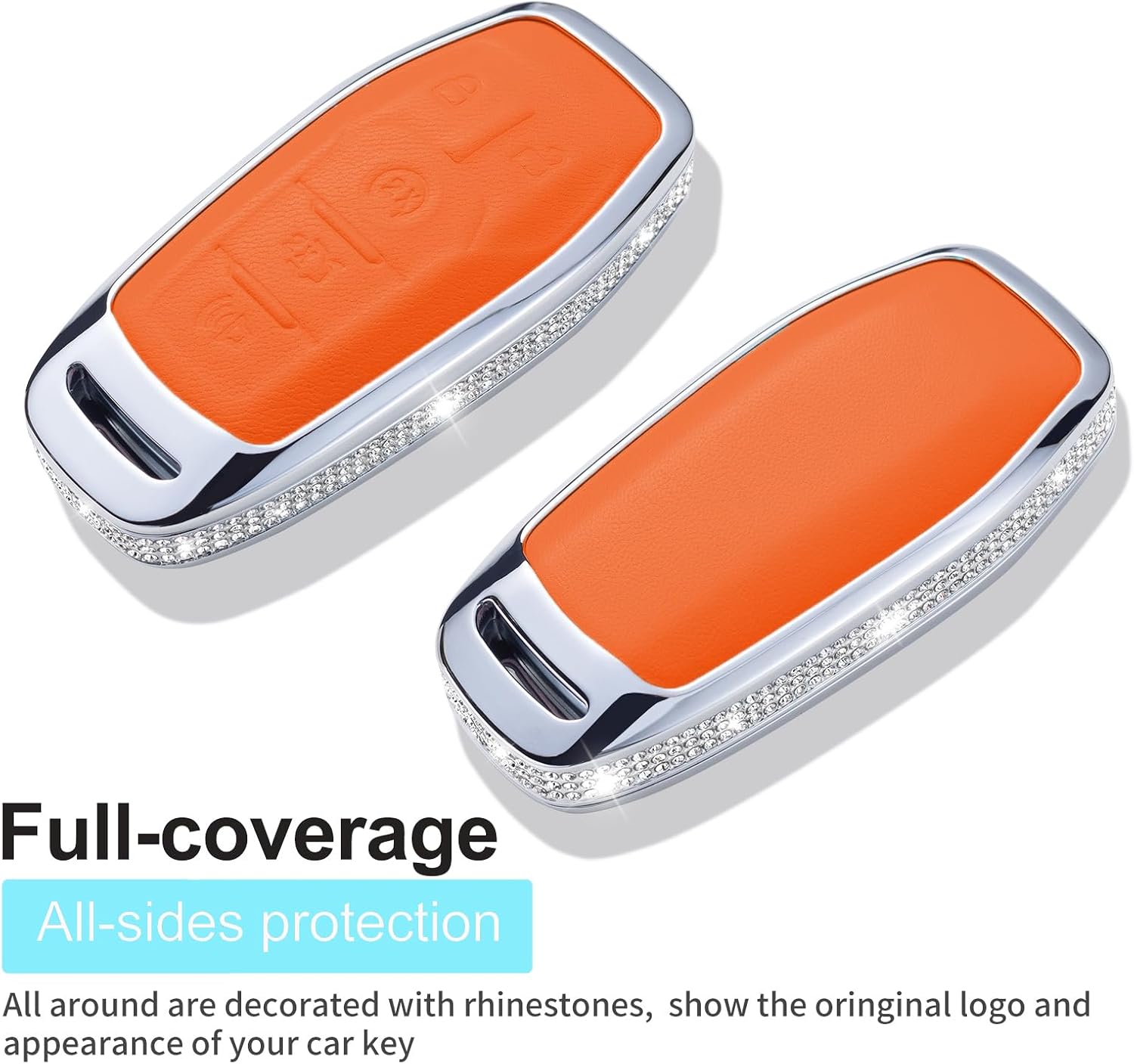 for Ford Key Fob Cover with Keychain, Orange Leather Rhinestone Key Case Protection Shell Compatible with Fusion Mustang F150 Edge Explorer Lincoln MKZ MKC MKX Bling Car Accessories image 4