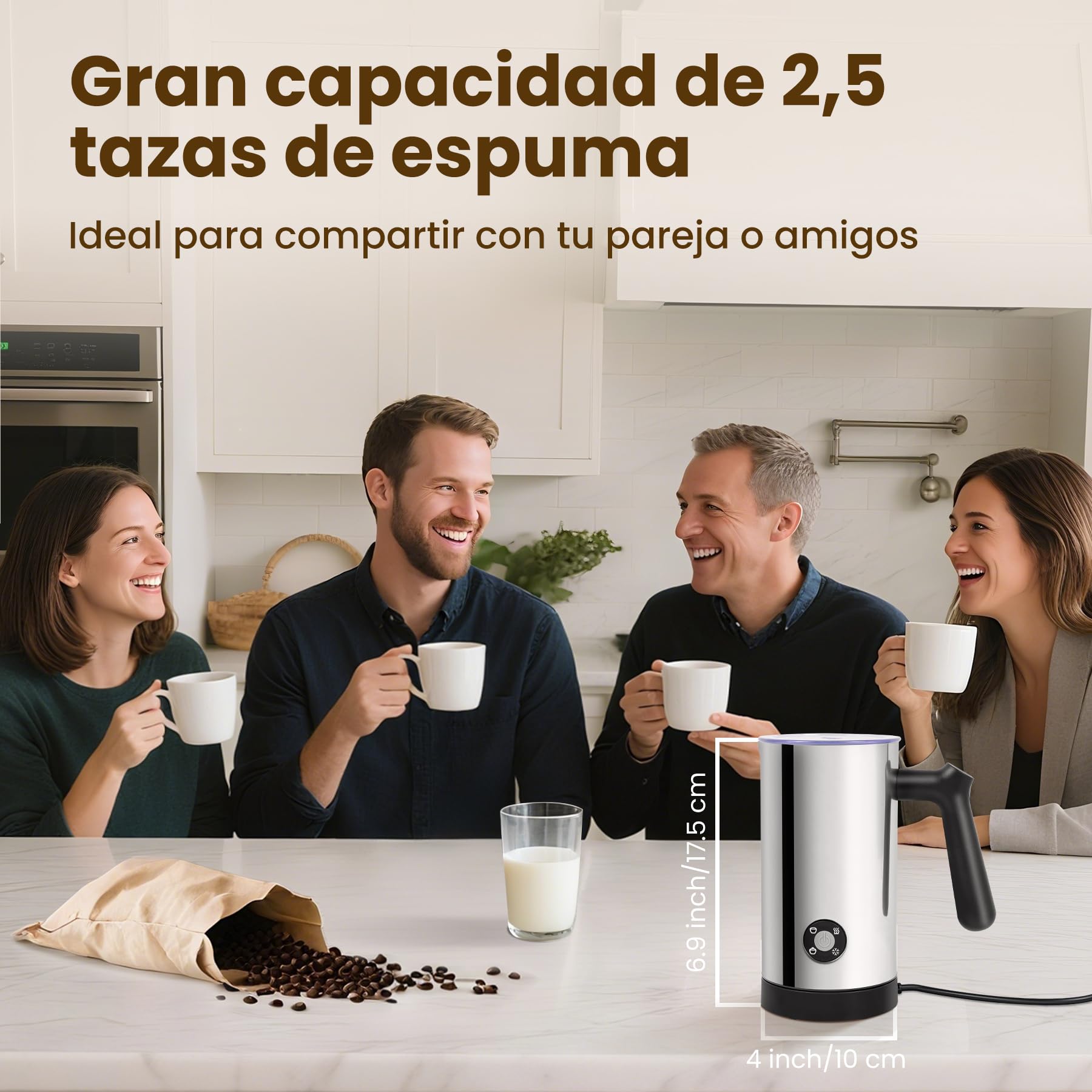 Mousseur à Lait Électrique 4 en 1 avec Chauffe Lait et Mousse Chaude Froide, Commande par Boutons, Carafe en Acier Inoxydable à Nettoyage Facile pour Café Latte Cappuccino