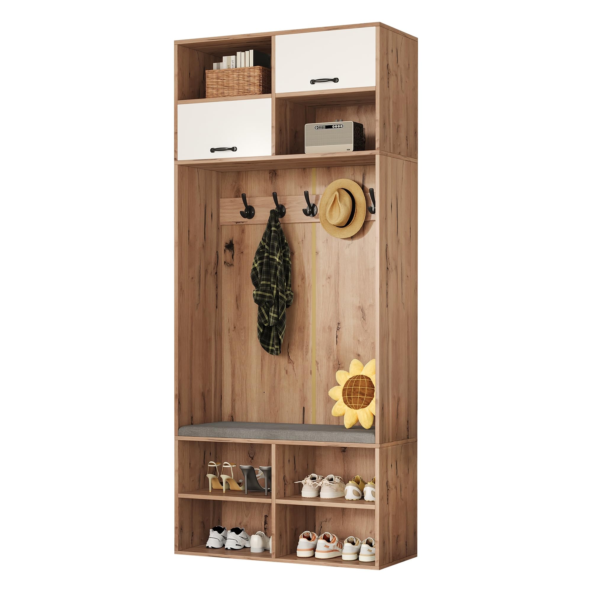 Garderobenset, Komplett-Set Flurgarderobe mit Sitzbank, 5 Haken, 2 Türen & 6 Offener Lagerraum - Naturholzfarbe und Weiß, 80×185×35 cm