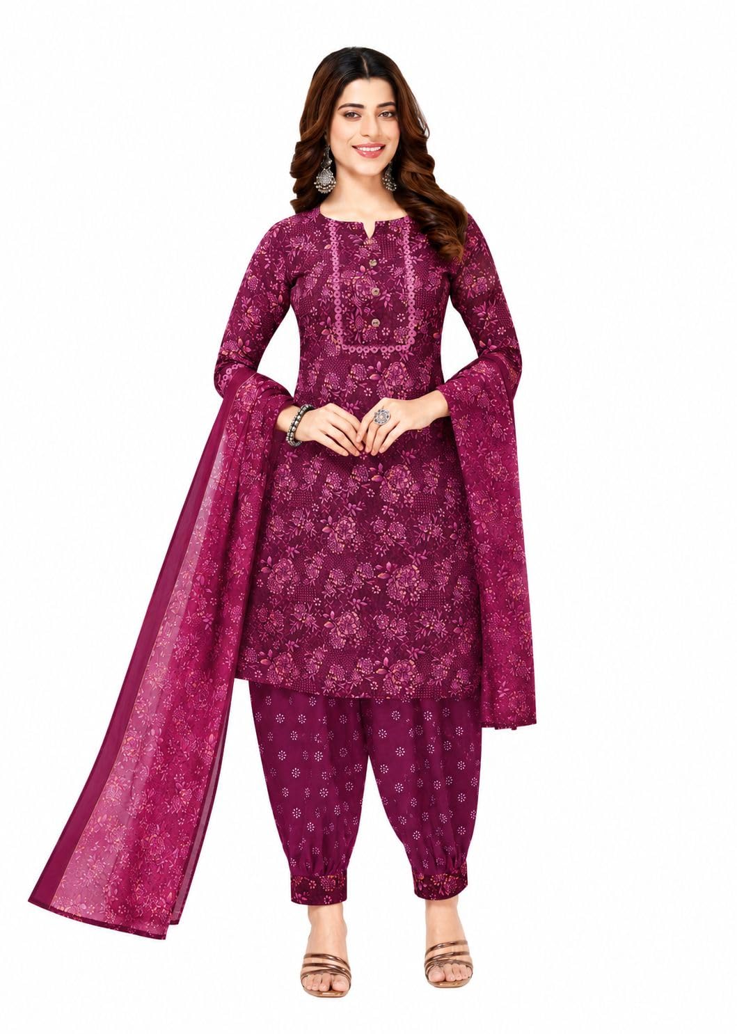 Women's Pure Cotton Maroon Floral Printed Patiala Salwar Suit Set with Dupatta, Regular Fit, Lace Work-image-16