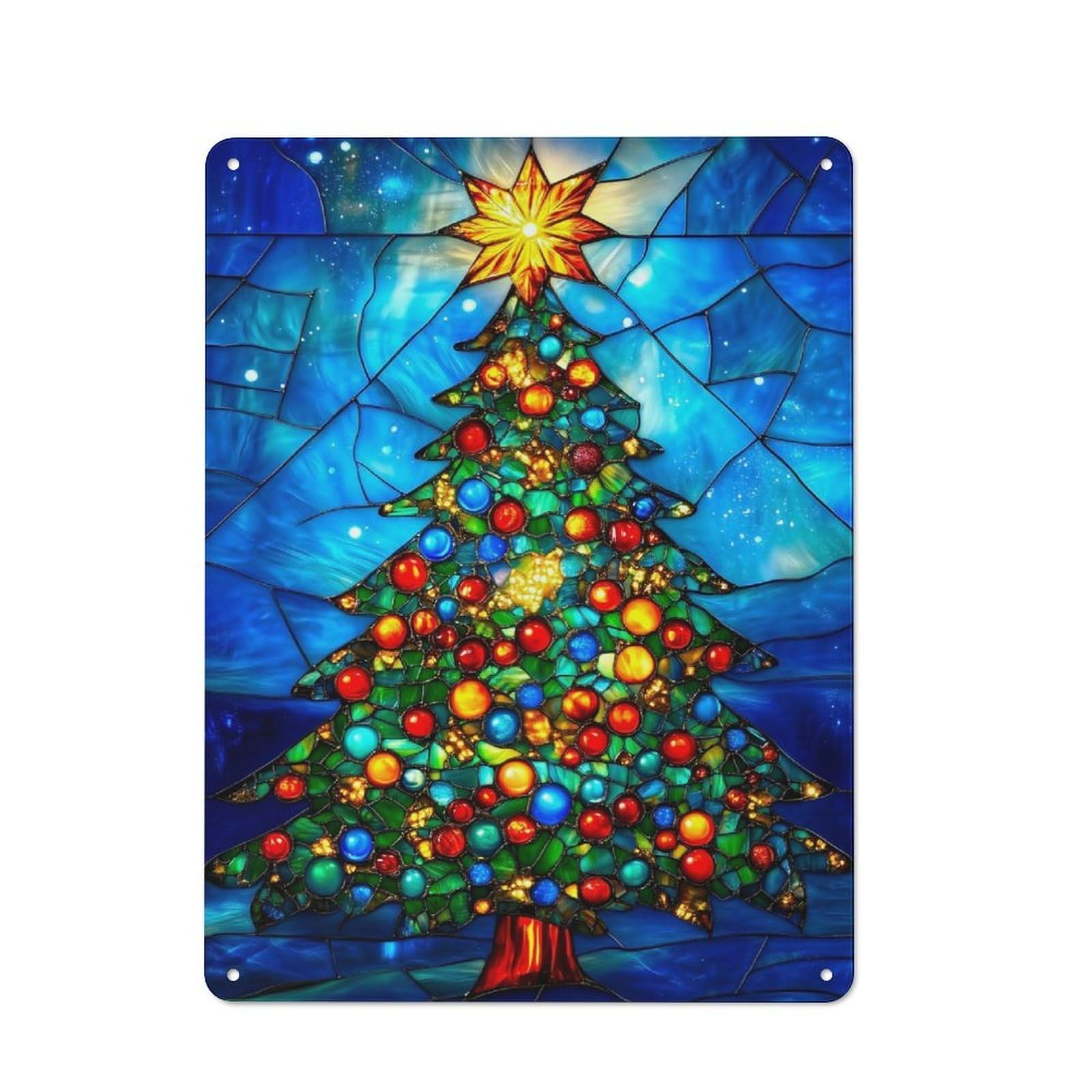 Junmoney Christmas Tree Stained Glass Metal Wall Sign 40X30cm, Loft Style Urban Room Decor For Flat, Bar, Studio Or Gallery Wall