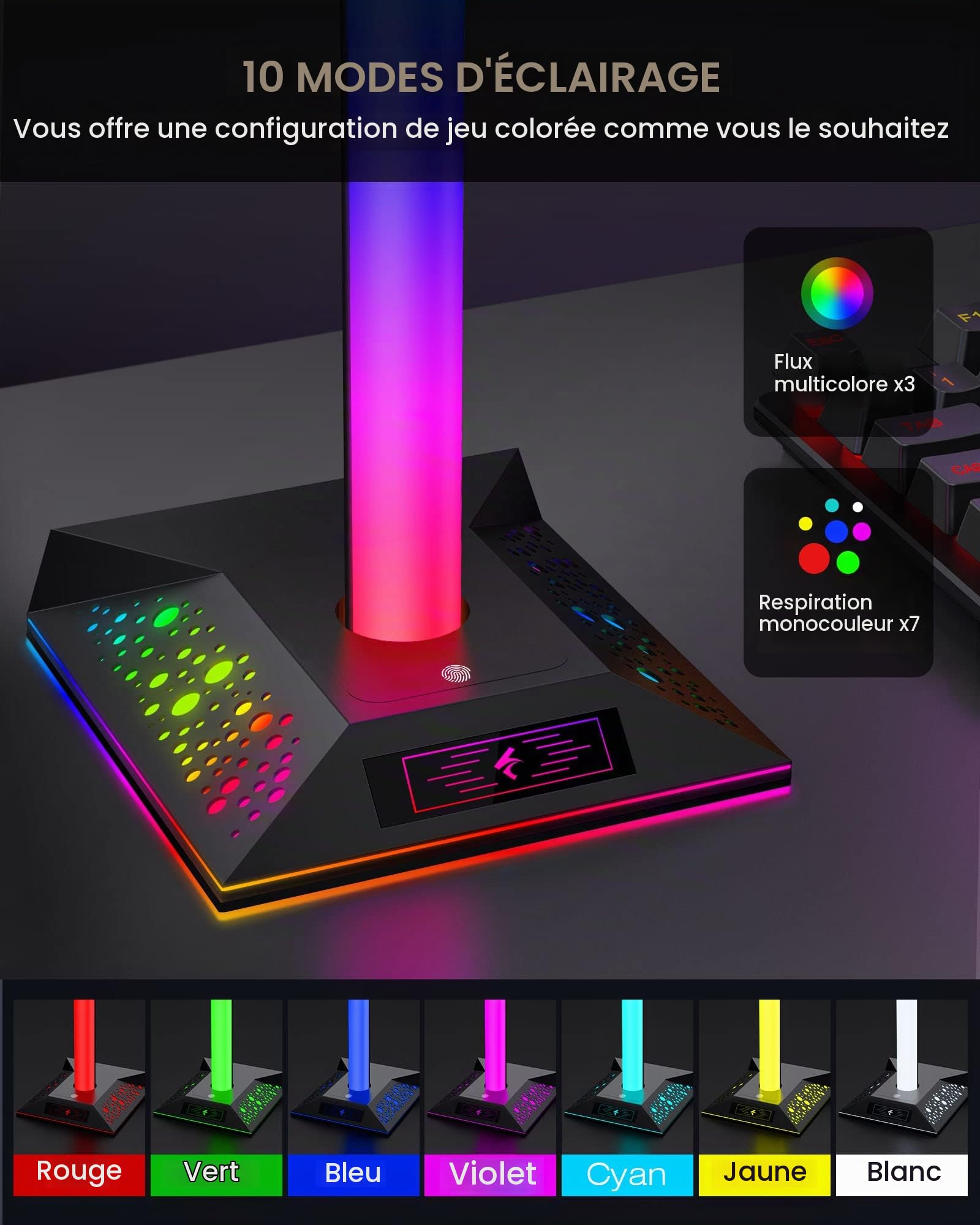 Hcman Support Casque Gamer RGB Porte Casque Gaming Accessoire LED Repose Casque avec 2 Ports USB, Portable Universel Headset Stand, Noir