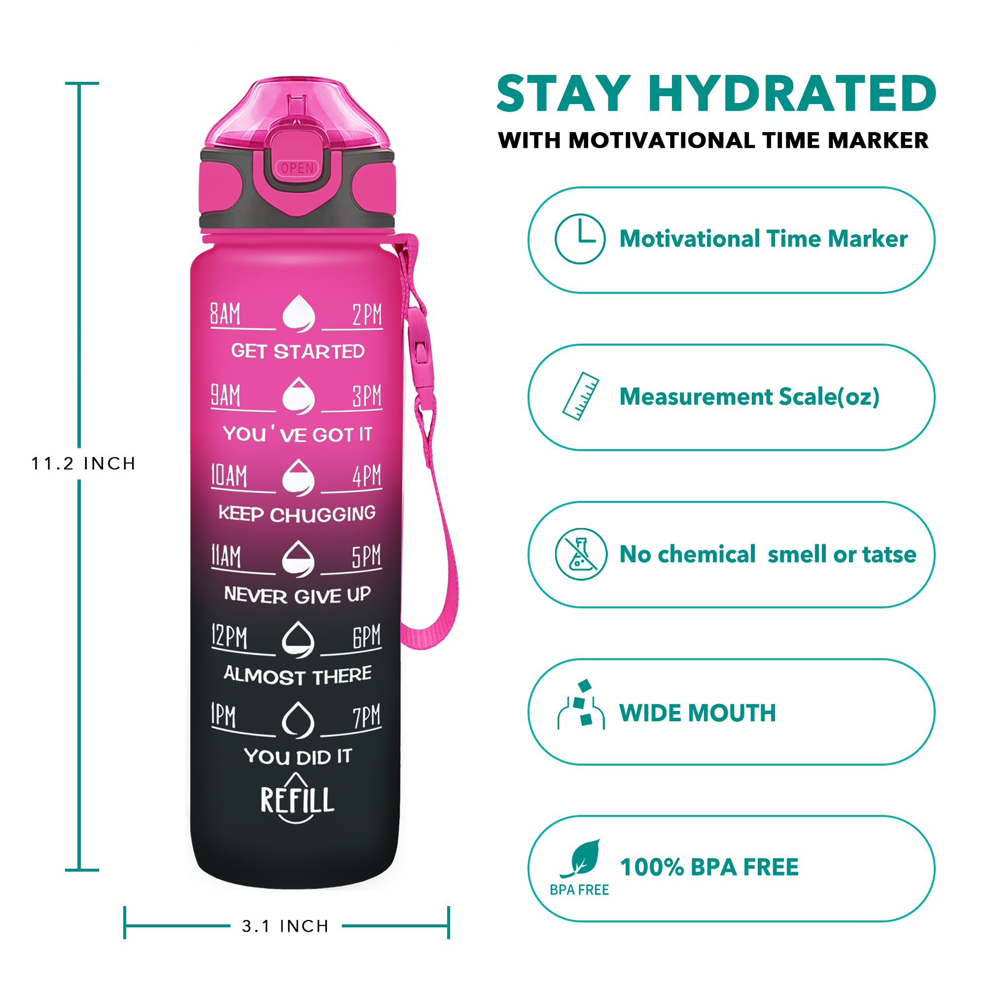 Enerbone Botella de agua de 32 onzas con tiempos para beber y popote, botellas de agua motivacionales con correa de transporte, a prueba de fugas, sin BPA y sin tóxicos, asegúrate de beber suficiente