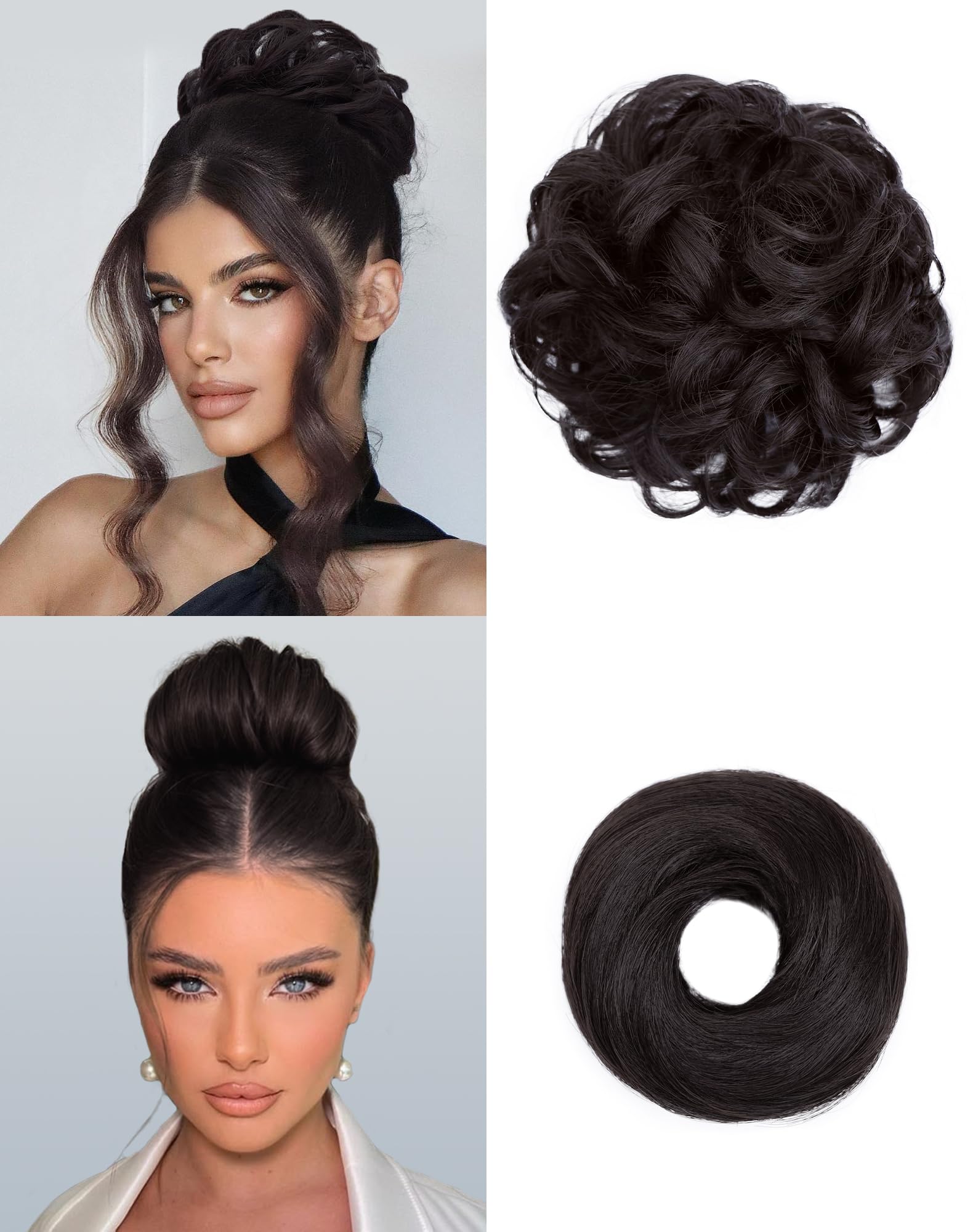 Haarteile für Hochsteckfrisuren, groß, gewellt, gelockt, Donut-Haarteile, Haargummis, Kunsthaar, Chignon, Pferdeschwanz, Haarverlängerung, dick, Hochsteckfrisur für Damen, Braun, Schwarz, 2