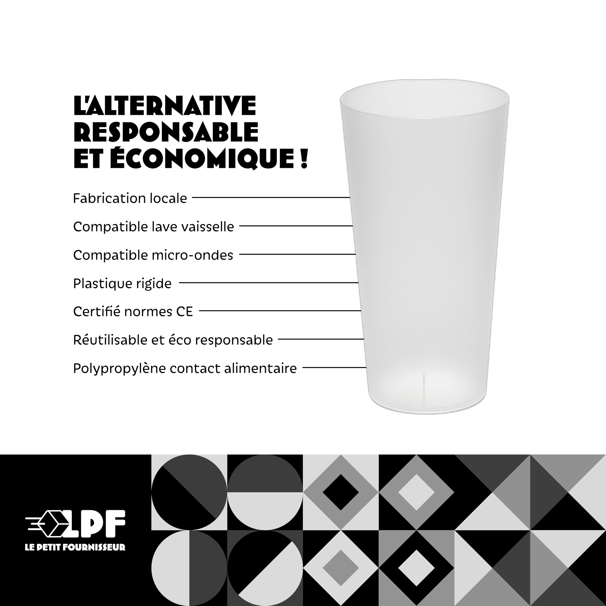 LPF LE PETIT FOURNISSEUR - Lot de 100 Gobelets réutilisables 50cl (56cl à ras-bord) - Polypropylène plastique alimentaire rigide - Gobelets à eau, bière - Compatible lave-vaisselle - Couleur Givré
