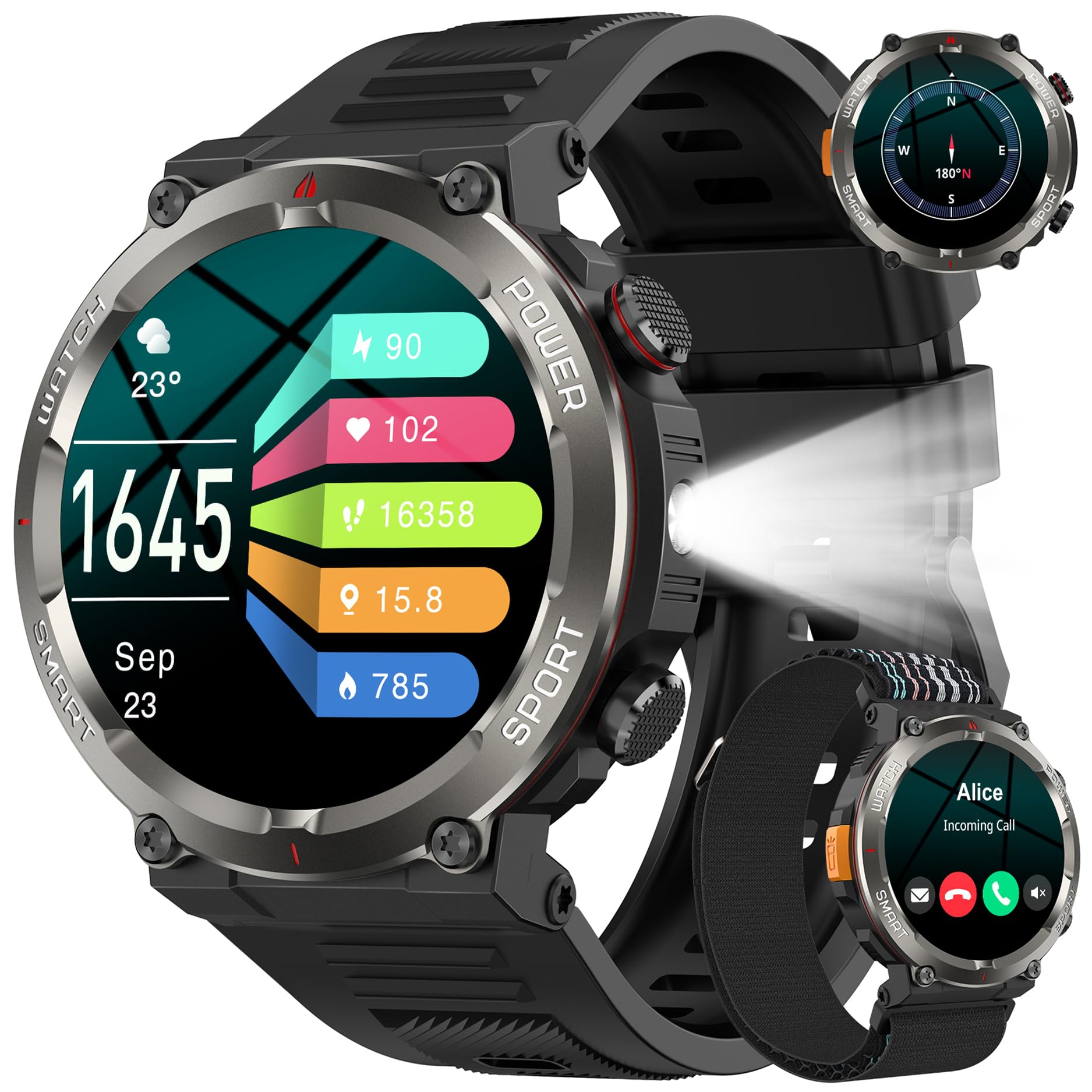 Reloj Inteligente Hombre, W50Pro Smartwatch Hombre con Linterna y Brújula, Smartwatch con Llamadas Bluetooth, Batería Grande de 960 mAh, Monitor Sueño, Podómetro, Pulsera Actividad Impermeable IP68 Carbonfree Certified