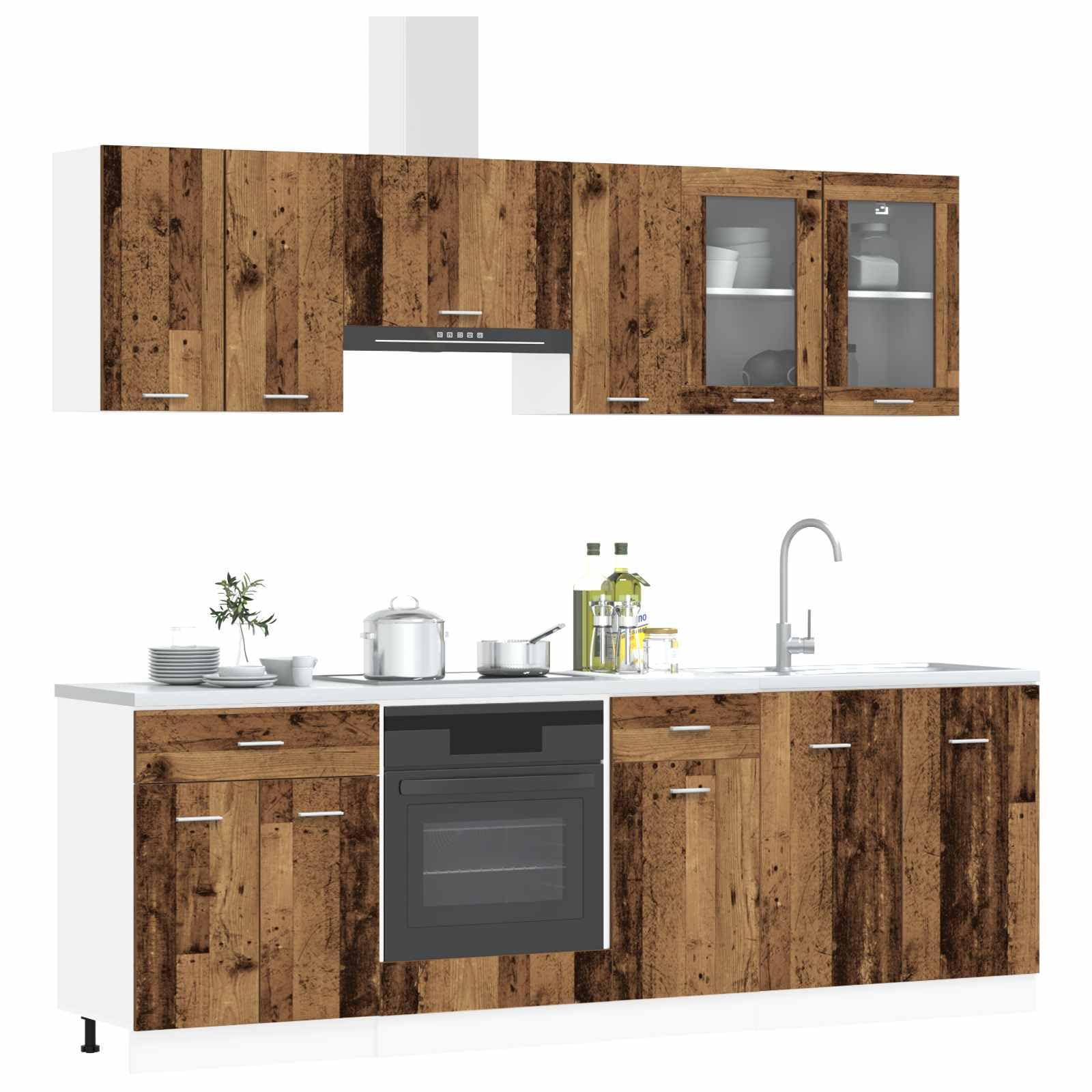 Kitchenette Lyon - Set di 8 blocchi da cucina in legno, modulari, con lavello, pensili e cassetti, per cucina e sala da pranzo