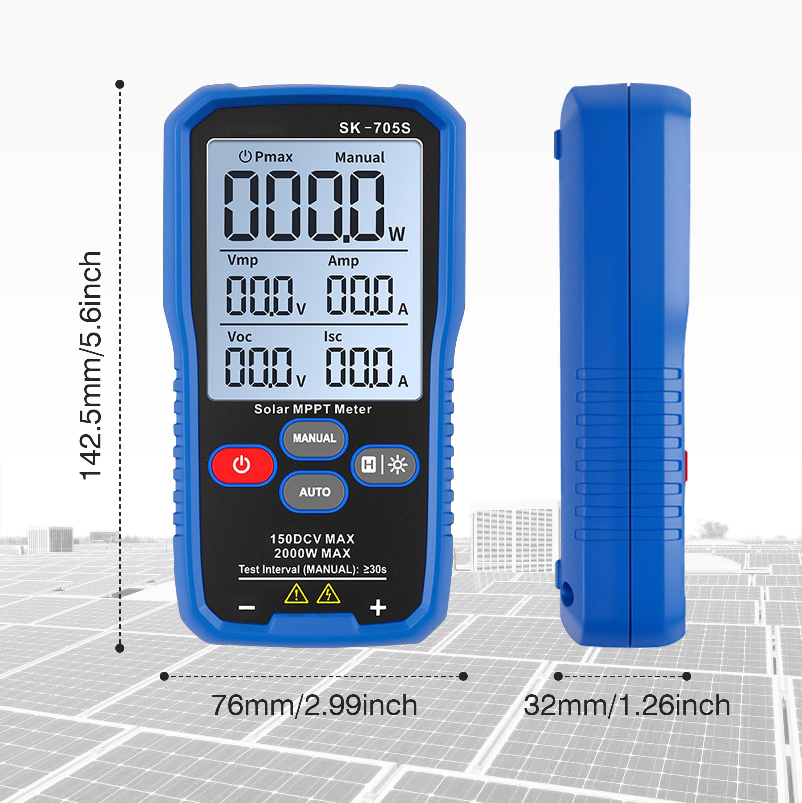 PV Messgerät, 2000 W SK-705S Solarpanel tester Solar MPPT Leistungstester für Photovoltaikmodule,nicht höher als DC 150V 35A, Leerlaufspannungs Fehlerbehebung mit 3,2" LCD-Display, Voc Isc Vmp Pmax