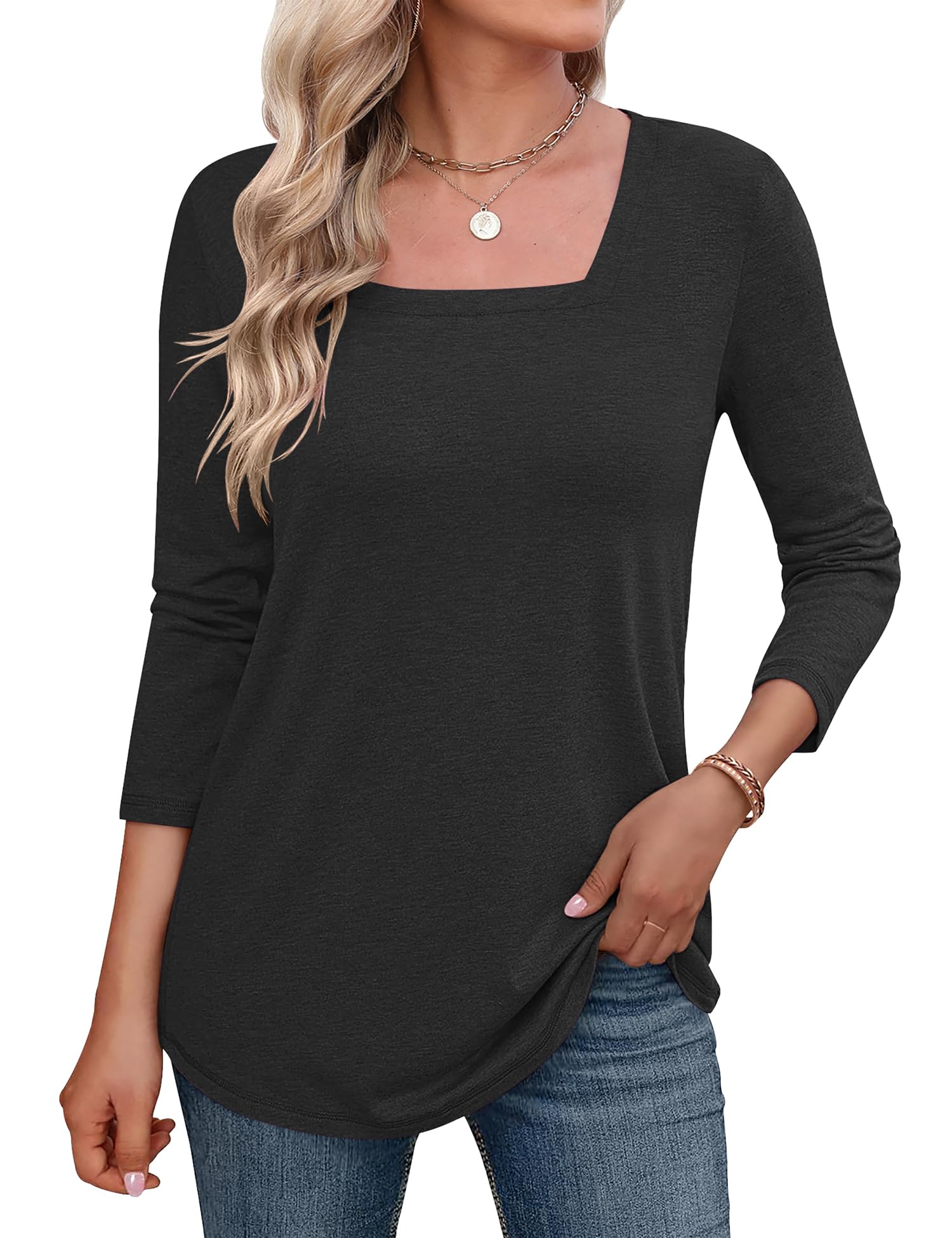 LOMON Women's 3/4 Sleeve Shirts Square Neck Summer Tops Dressy Casual Basic Tees Ladies T Shirts Blouses