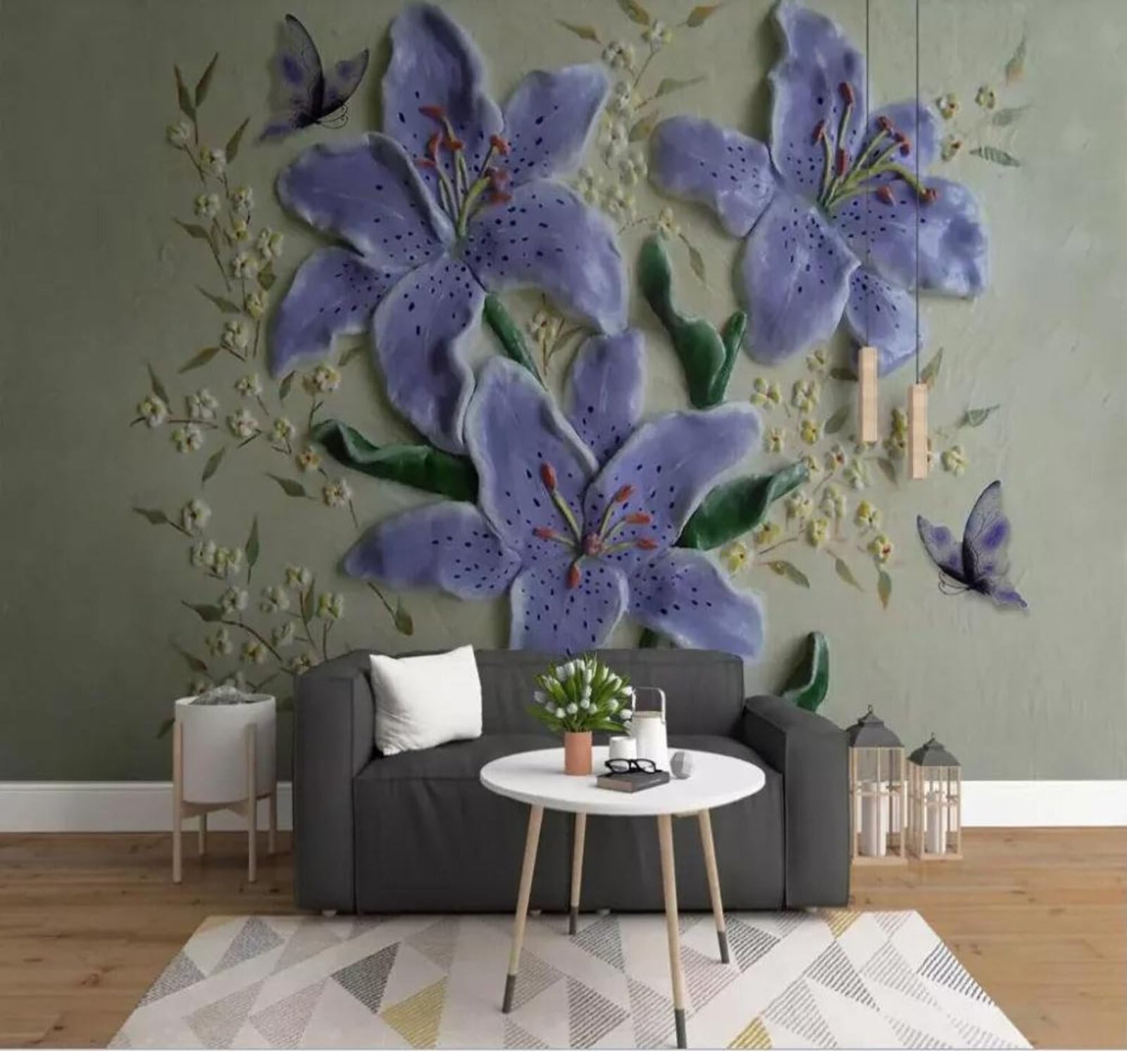 Tzxztt 400Cm×280Cm(B×H) Three Dimensional Unique Artistic Relief Lilies Butterflies Modern 3D Wallpaper Premium Textured Silk Neutral Tones Material Ideal For Living Room Bedroom-400Cm×280Cm